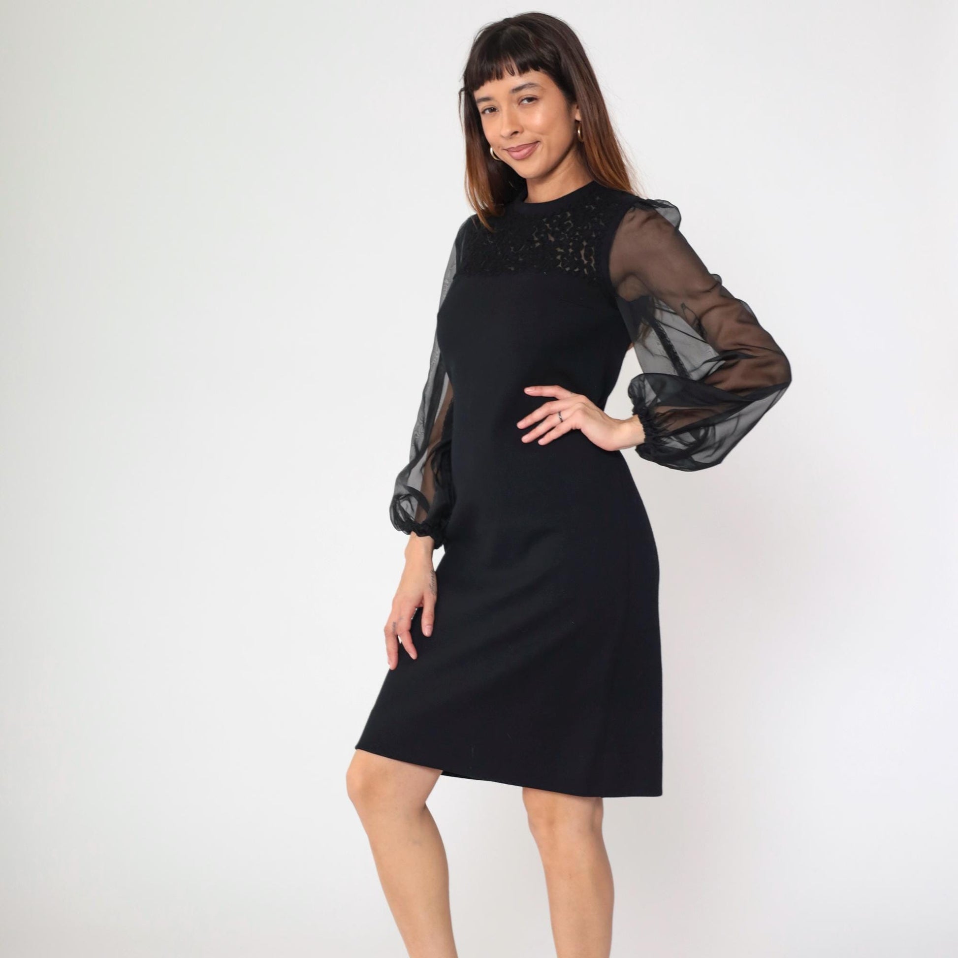 60s R & K Knits Black Sheath Dress Soutache Organza Sleeves Small