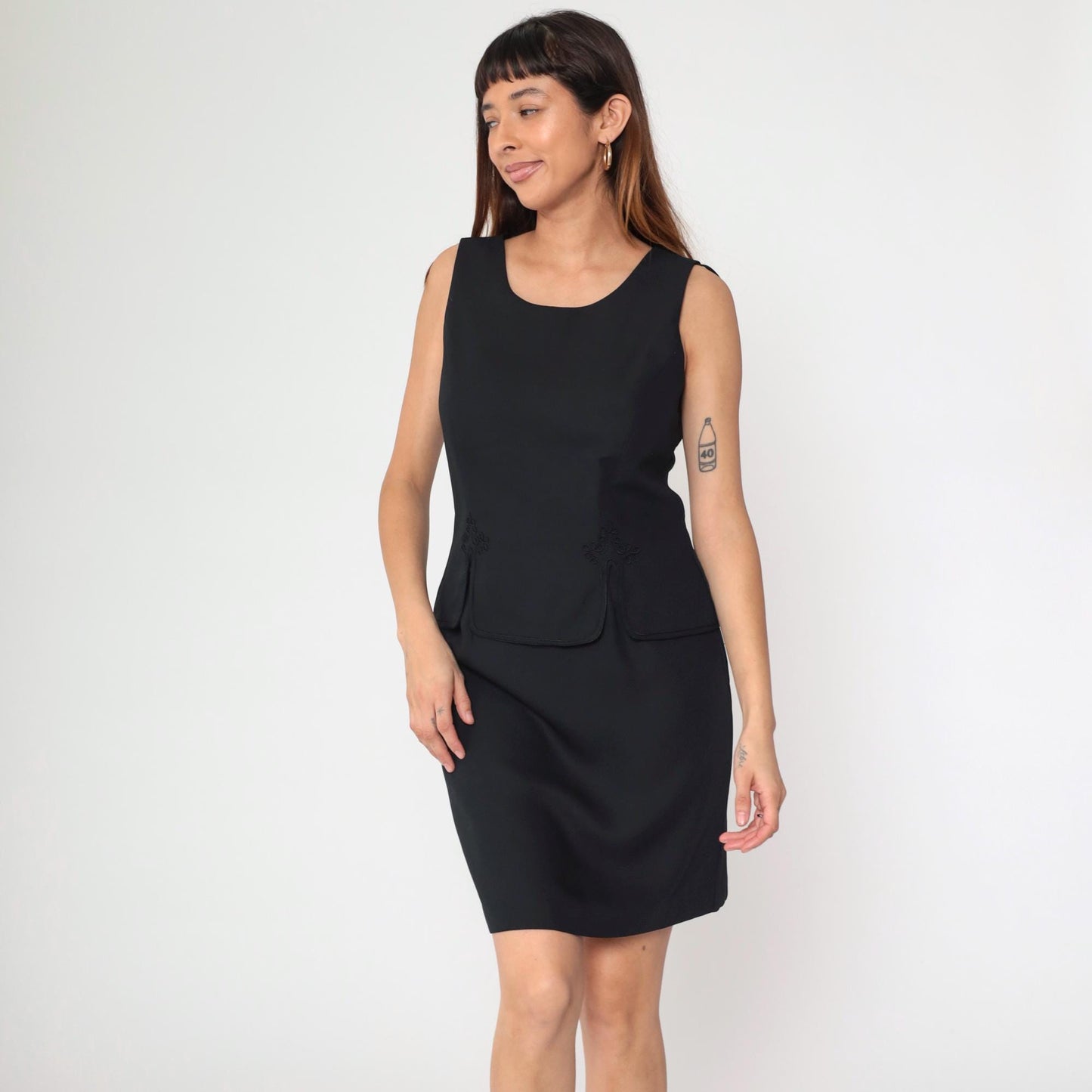 90s Black Mini Dress Soutache Trim Sleeveless Sheath Medium M