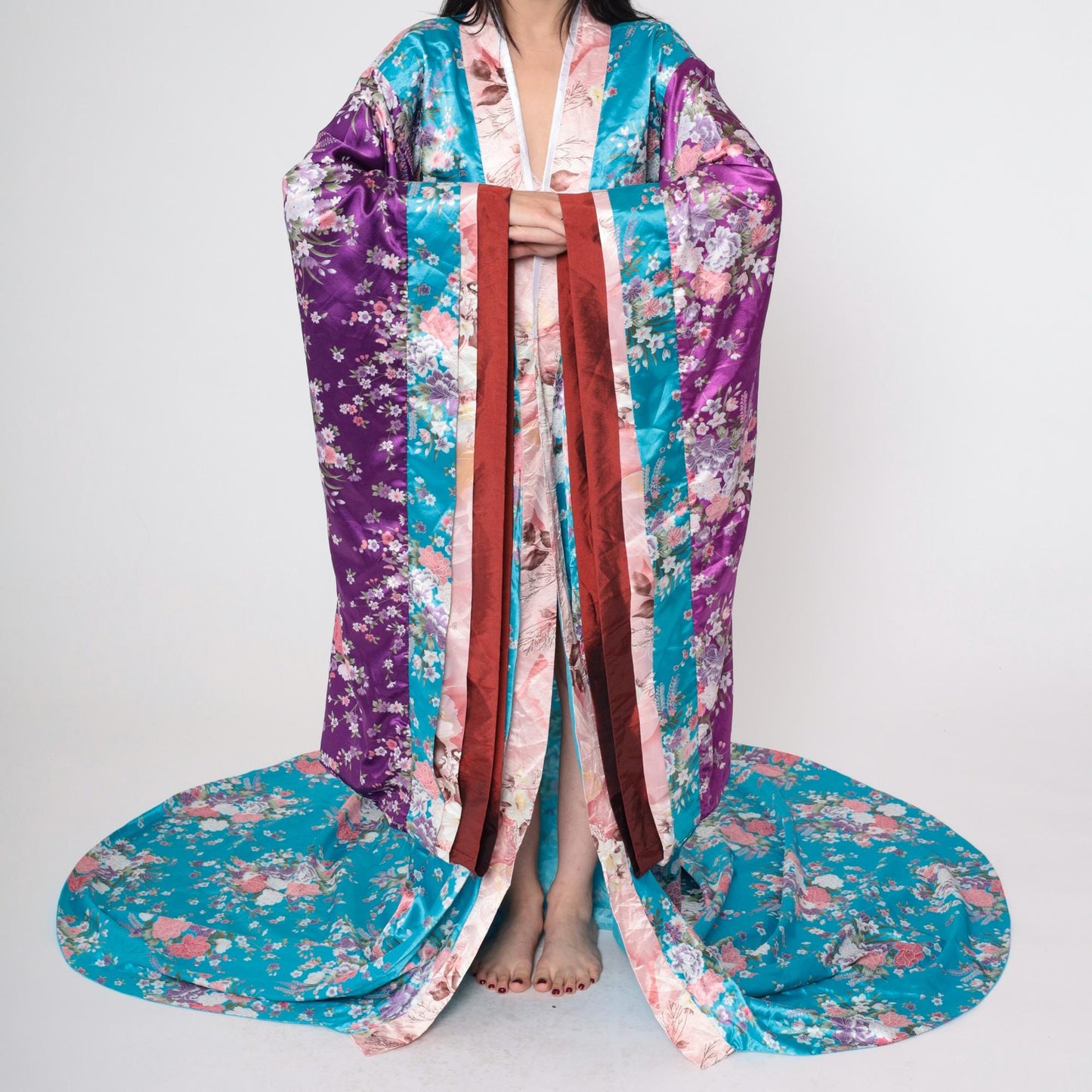 Vintage Floral Silk Kimono Robe Turquoise Purple Long Train Open Front