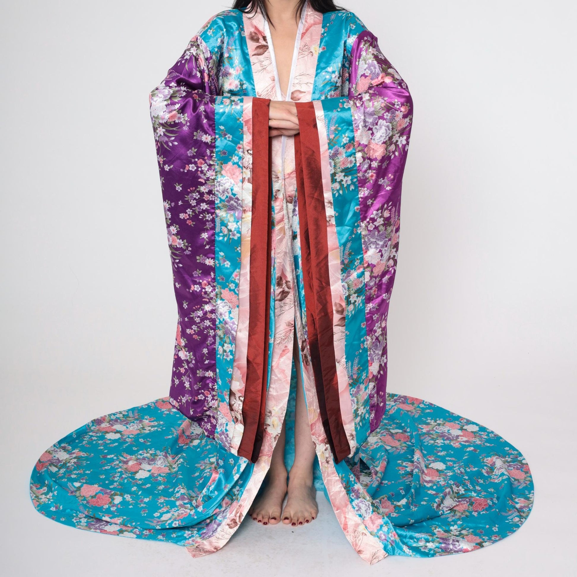 Vintage Floral Silk Kimono Robe Turquoise Purple Long Train Open Front