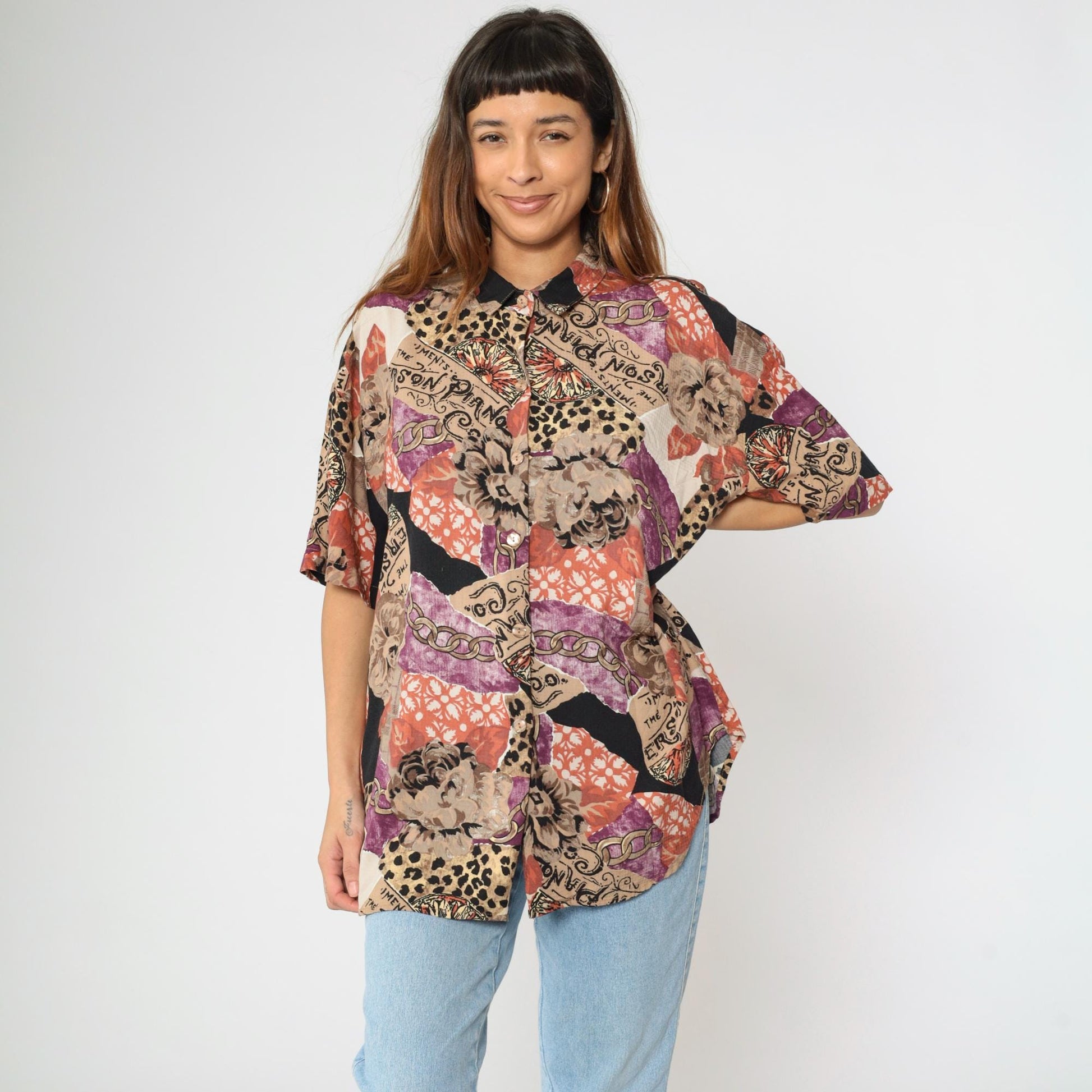 90s Caliche Mixed Print Button Up Blouse Floral Leopard Chain Coral Taupe Large L