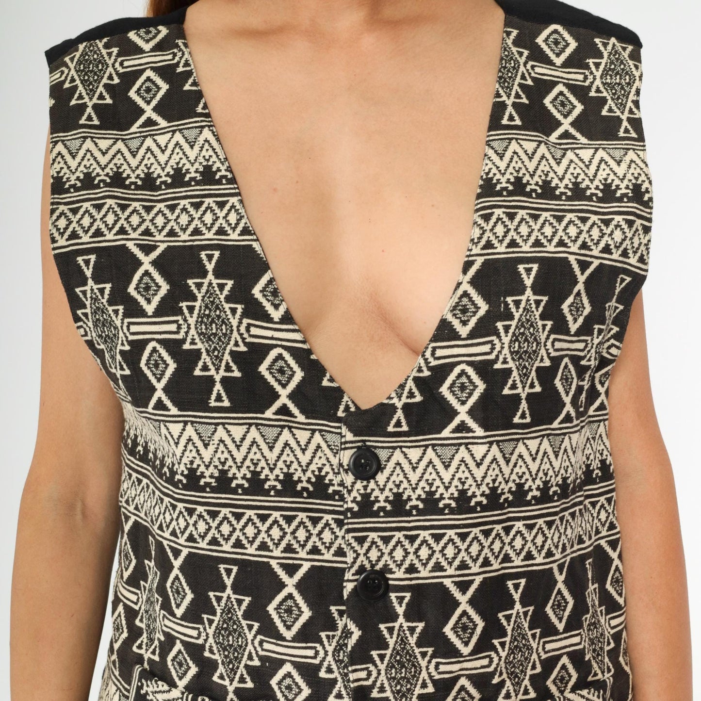 90s Southwestern Tapestry Vest Men's Button Up Sleeveless Black Cream Geometric Large L