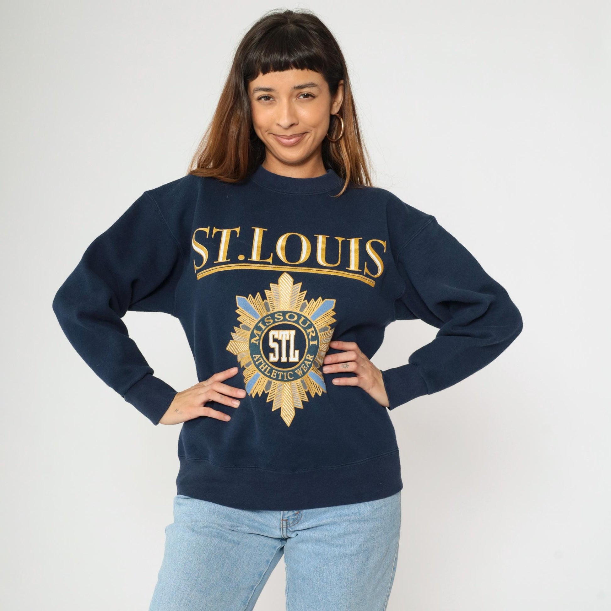 90s St. Louis Missouri Navy Crewneck Sweatshirt Gold Graphic Medium