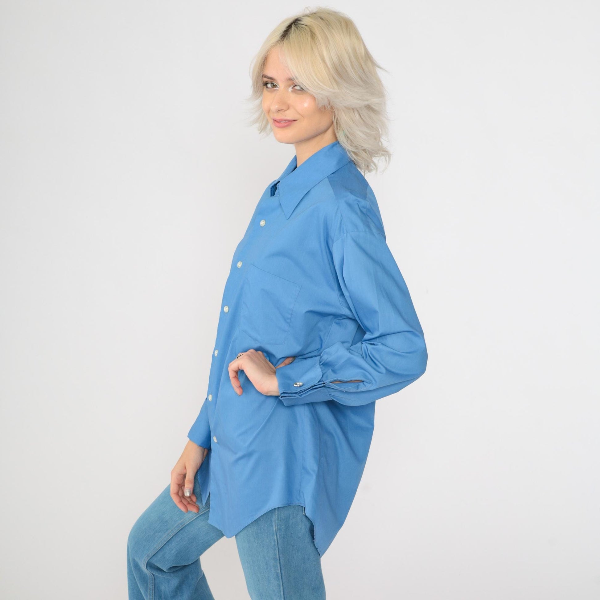 70s Capri by David of California Blue Button-Up Shirt Dagger Collar Large