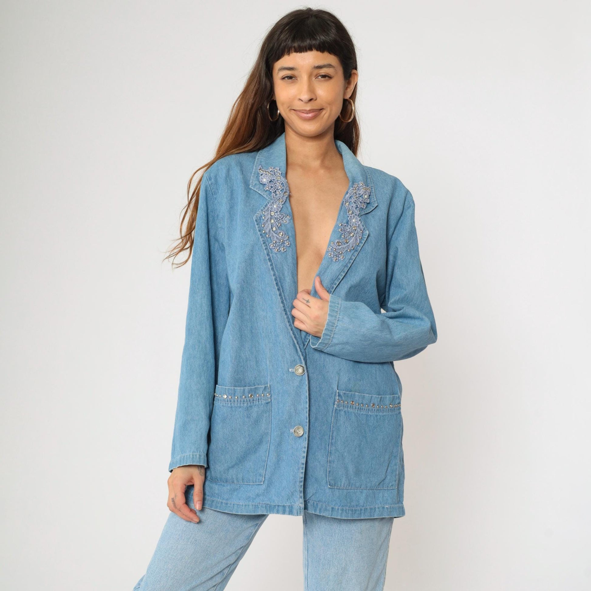 90s Bridge Sportswear Denim Blazer Blue Studded Rhinestone Lace Medium