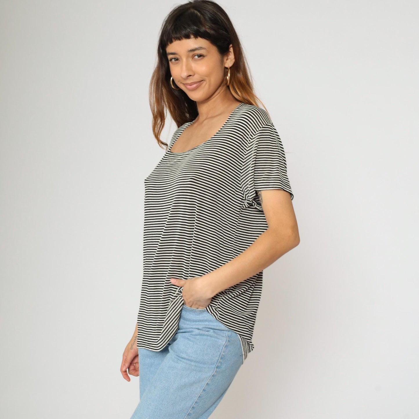 90s Black White Striped Scoop Neck Top Short Sleeve Plus Size XXL