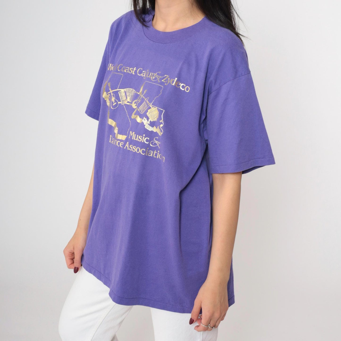 90s West Coast Cajun Zydeco Music Graphic T-Shirt Purple Metallic Large