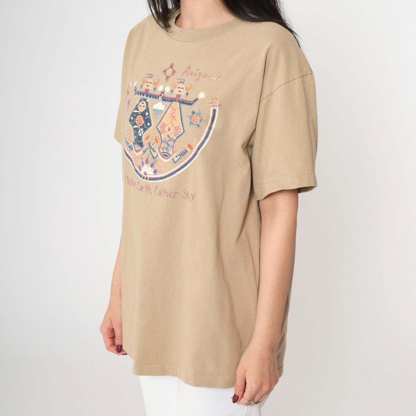 90s Arizona Native American Mother Earth Father Sky Graphic Tee Beige Cotton Large