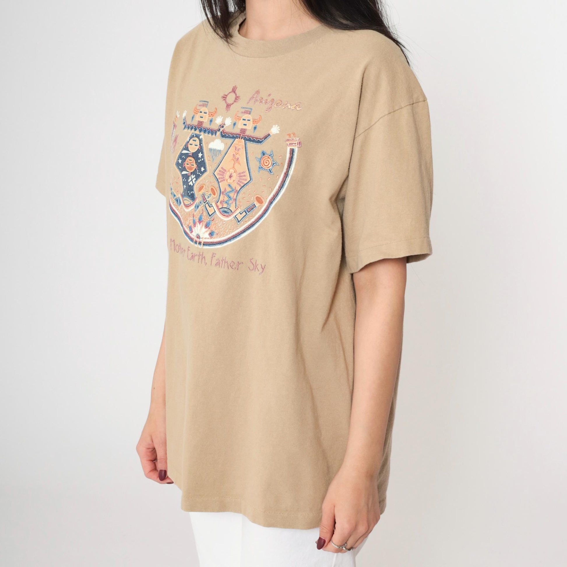 90s Arizona Native American Mother Earth Father Sky Graphic Tee Beige Cotton Large
