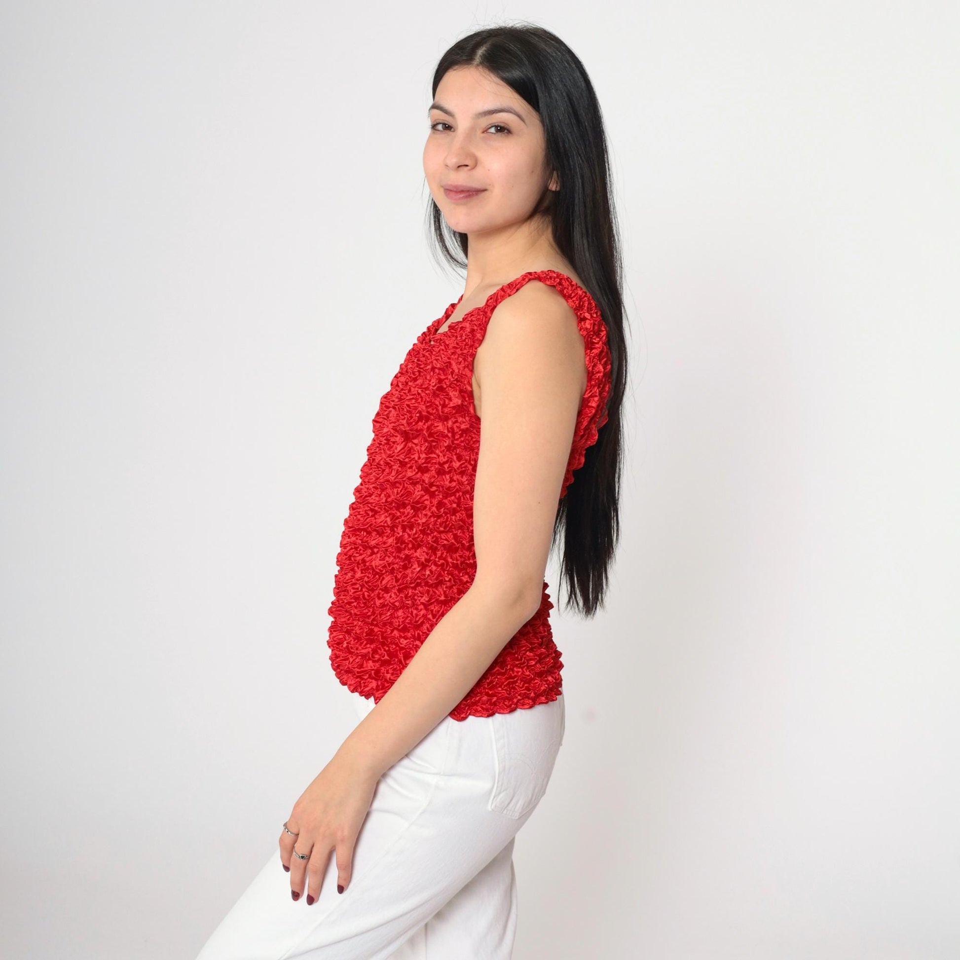 Y2K Red Popcorn Texture Tank Top Stretchy Sleeveless Blouse Small Medium Large
