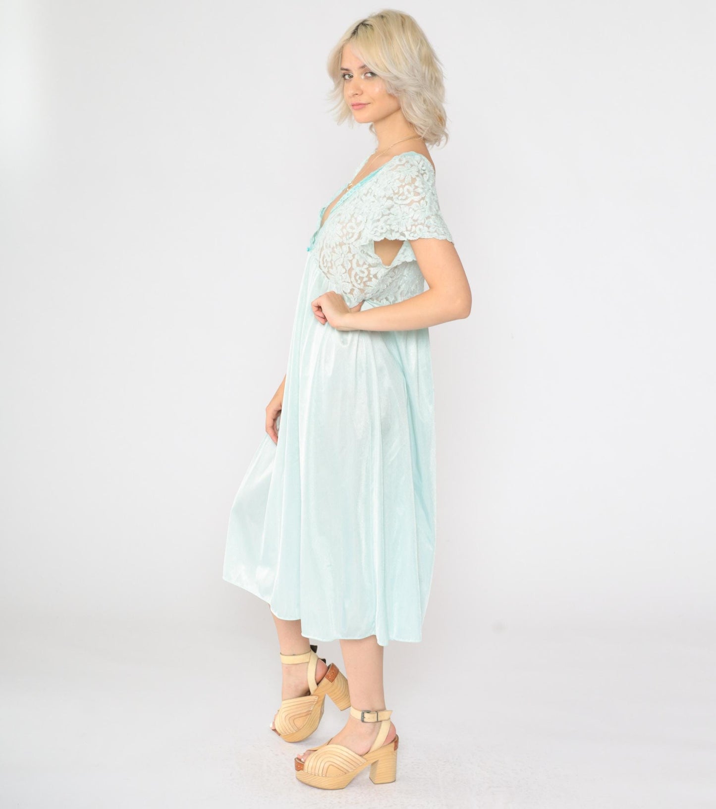 80s Aqua Lace Slip Dress Sheer Flutter Sleeve Nightgown Medium