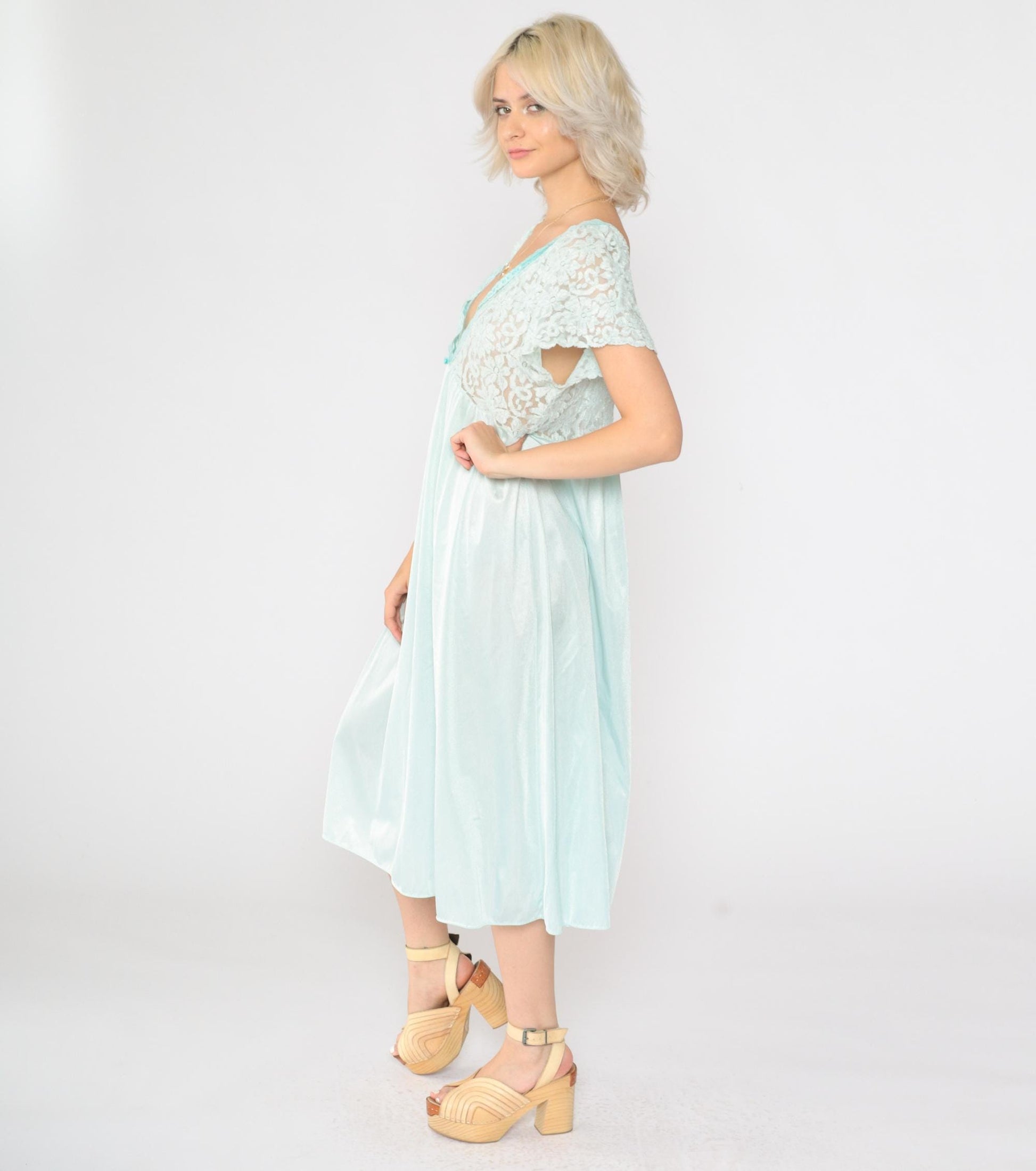 80s Aqua Lace Slip Dress Sheer Flutter Sleeve Nightgown Medium