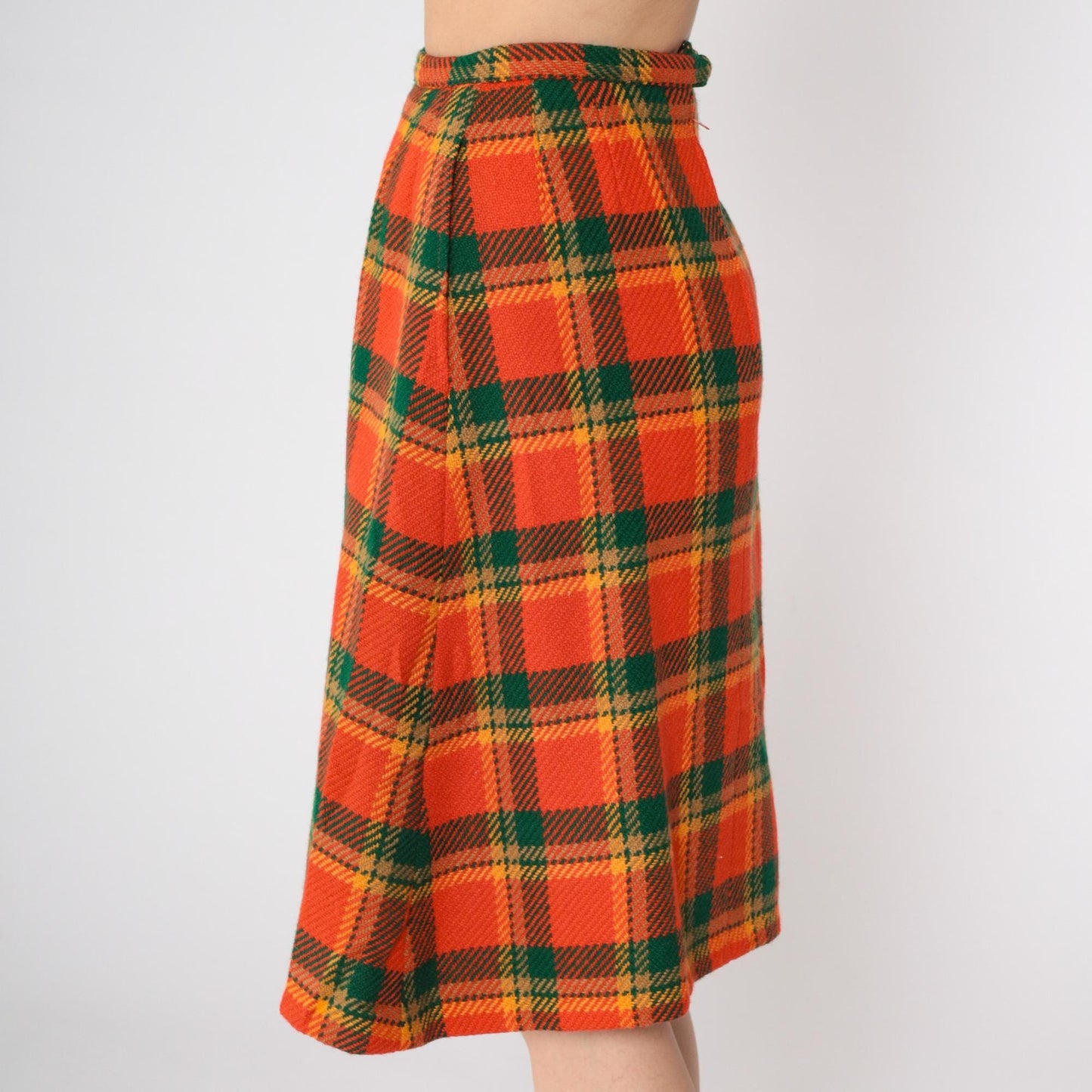 70s Plaid Wool Midi Skirt High Waisted Pleated Tartan Small