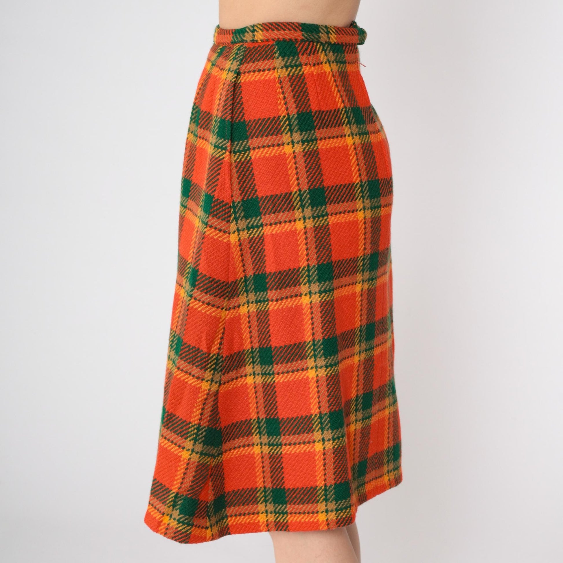 70s Plaid Wool Midi Skirt High Waisted Pleated Tartan Small
