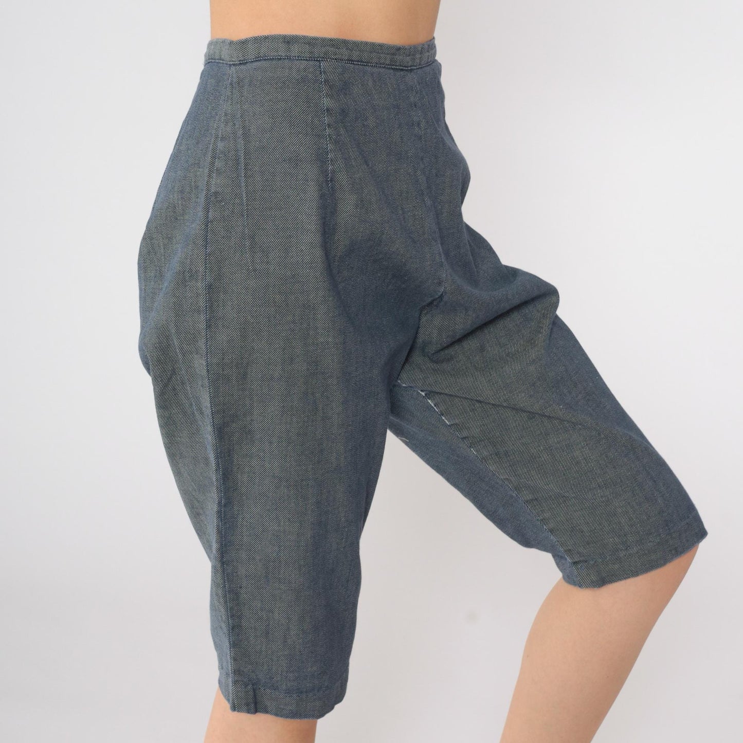 60s Blue Chambray Capri Pants High Waist Side Zipper Knee Length Small