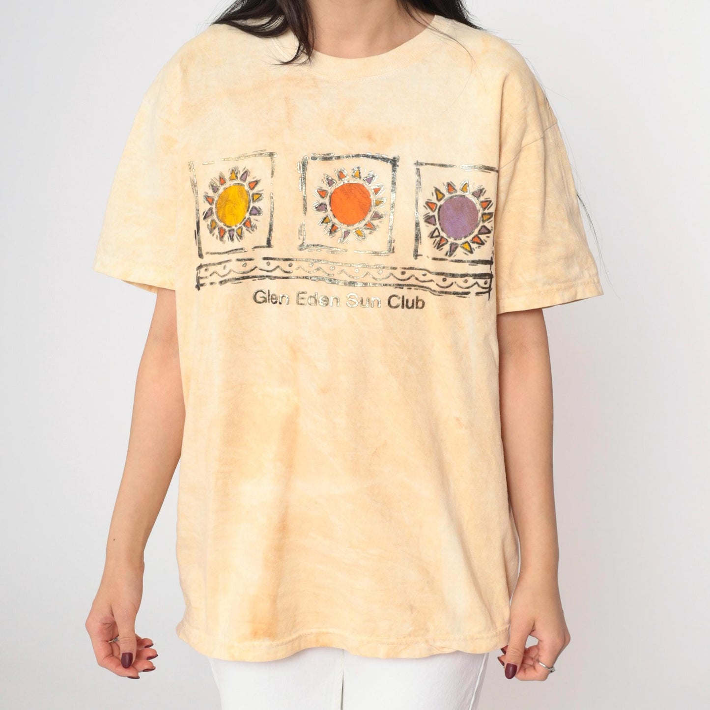 90s Glen Eden Sun Club Tie Dye Graphic T-Shirt Yellow Metallic Large