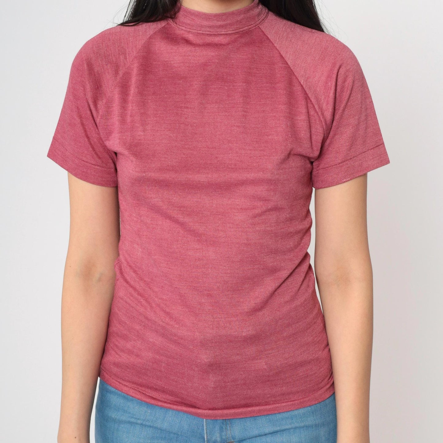 80s Pink Mock Neck Raglan T-Shirt Single Stitch Extra Small XS