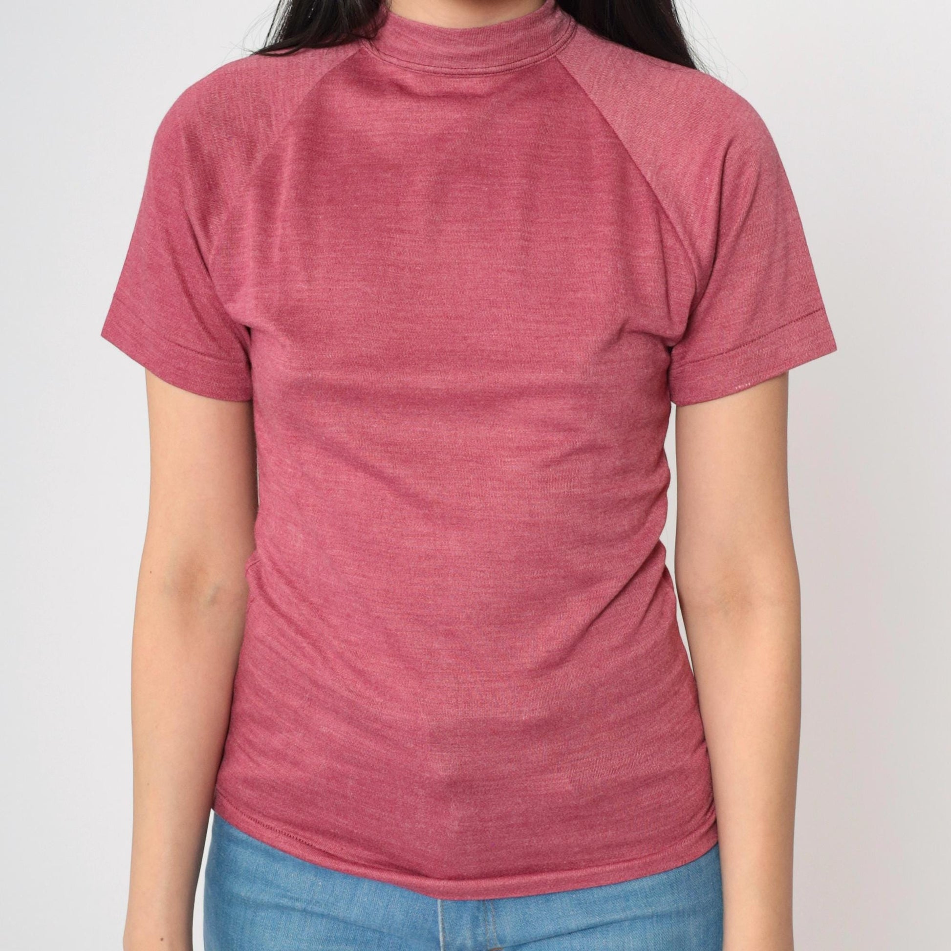 80s Pink Mock Neck Raglan T-Shirt Single Stitch Extra Small XS