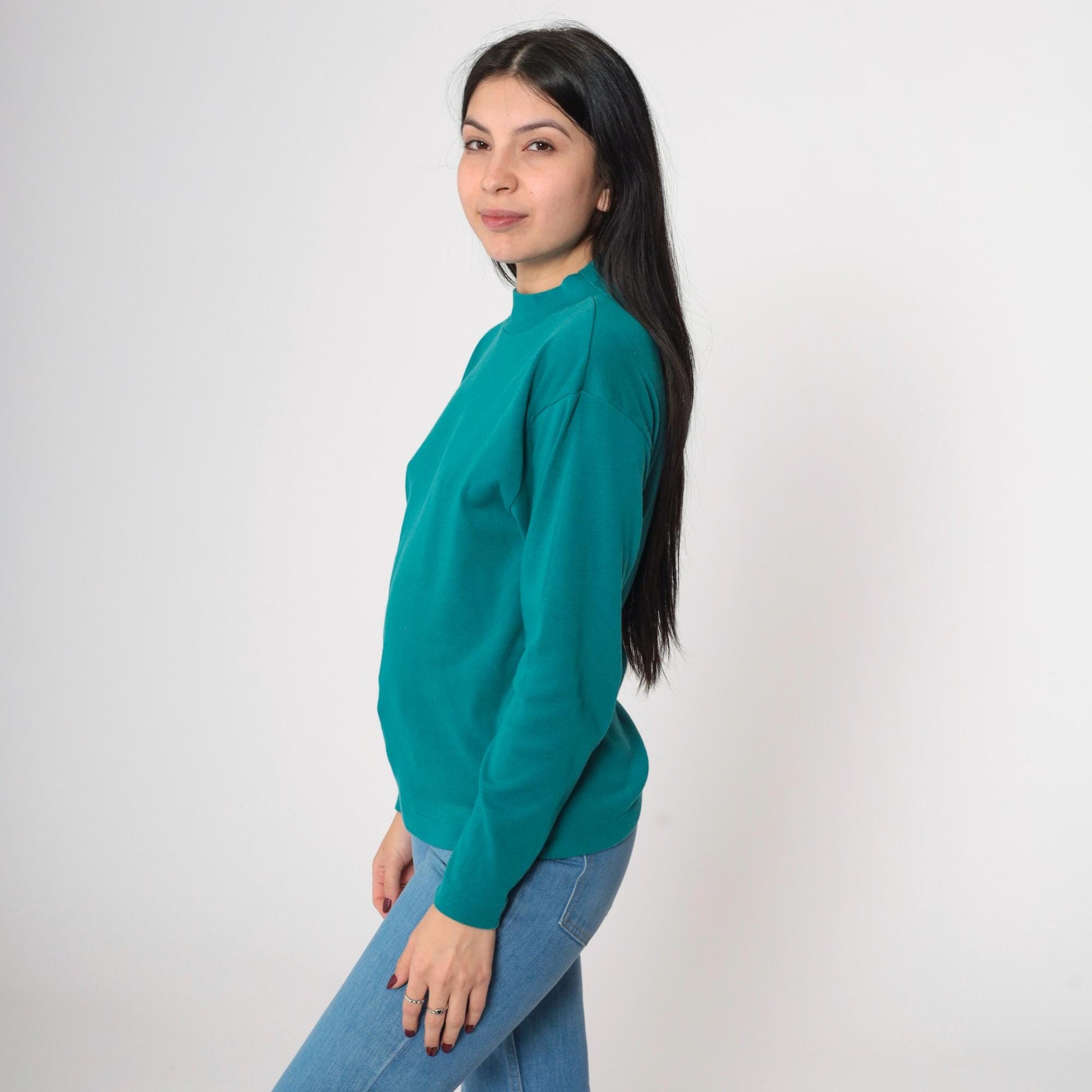 90s Teal Mock Neck Long Sleeve T-Shirt Small S