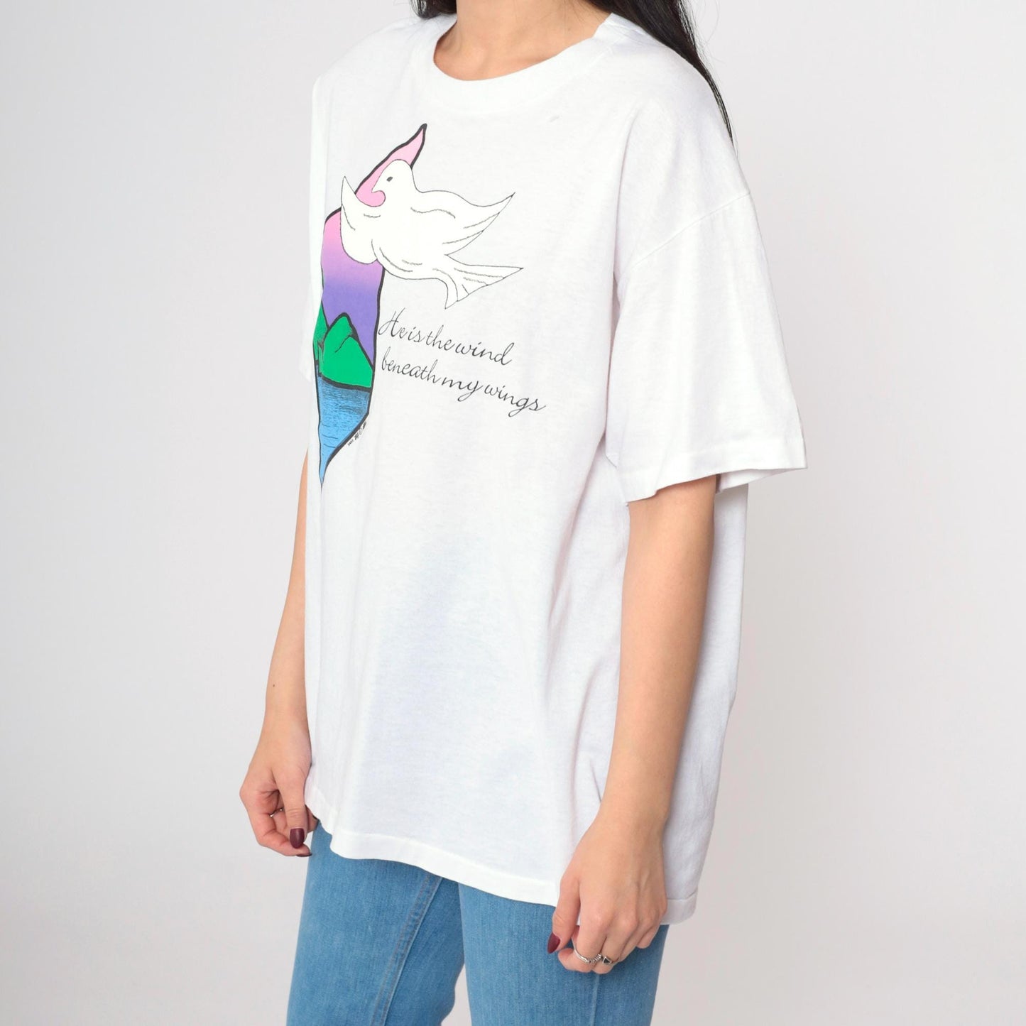 90s Christian Dove Graphic T-Shirt White Crewneck Single Stitch Large