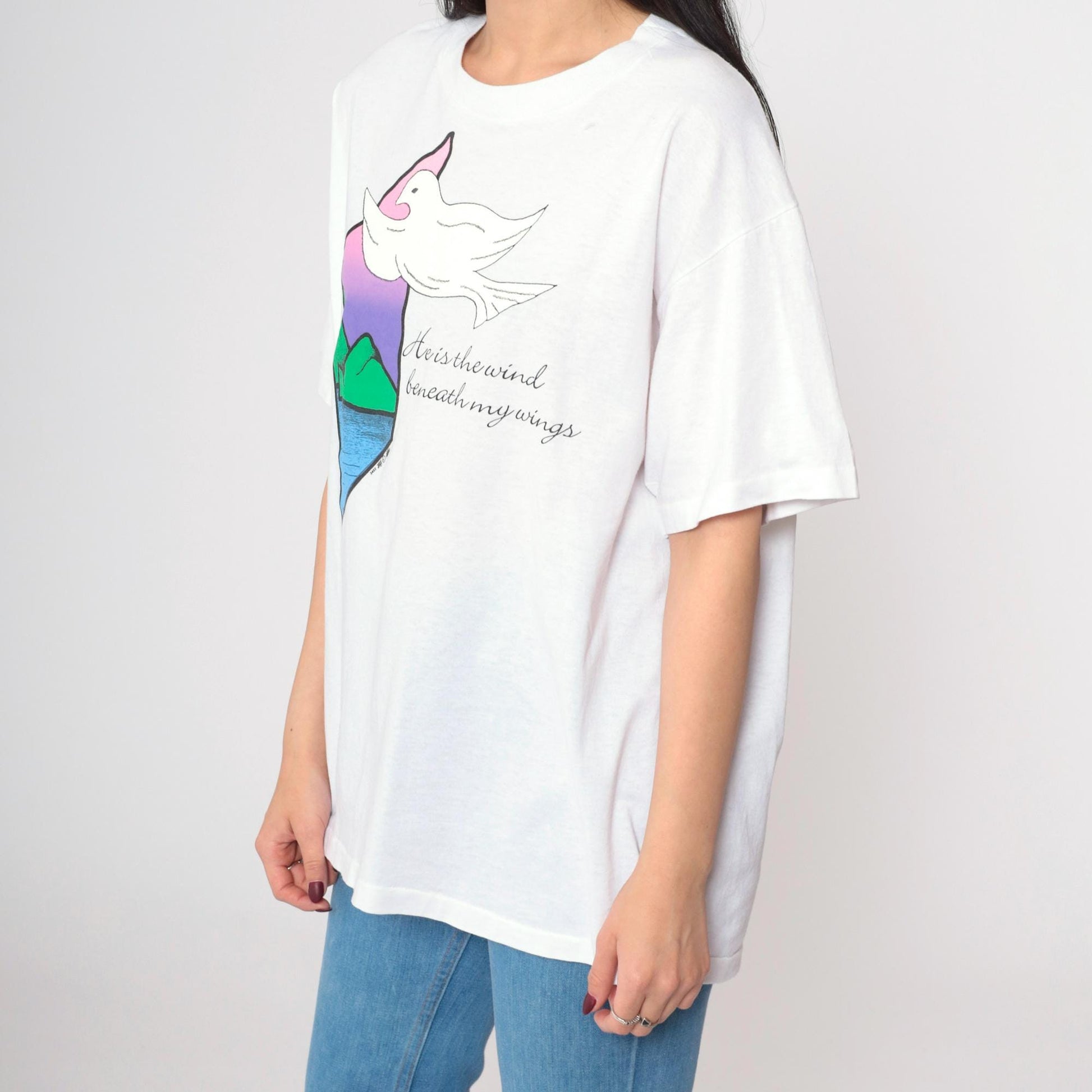 90s Christian Dove Graphic T-Shirt White Crewneck Single Stitch Large