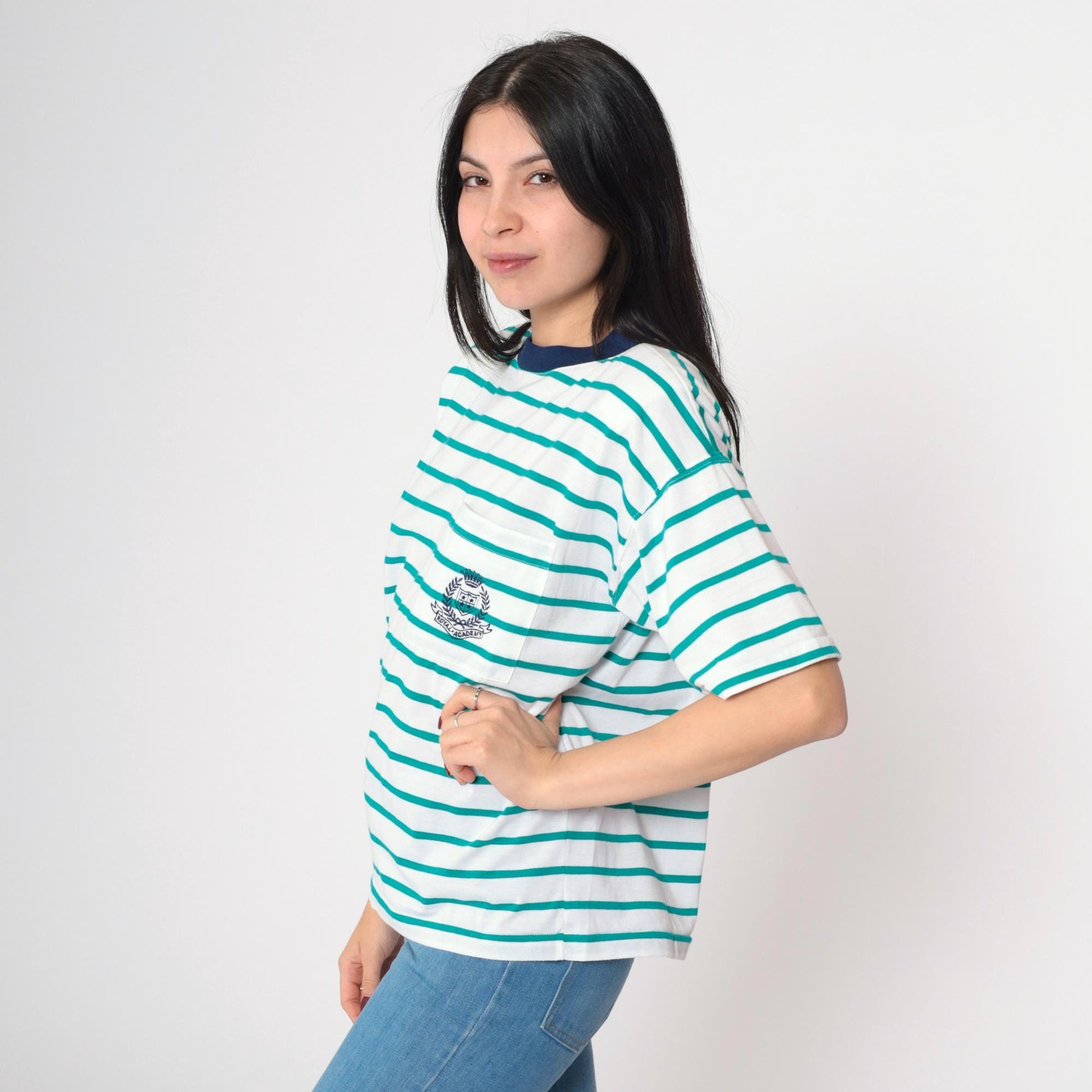 90s Royal Academy Crest Striped T-Shirt Green White Ringer Tee Medium