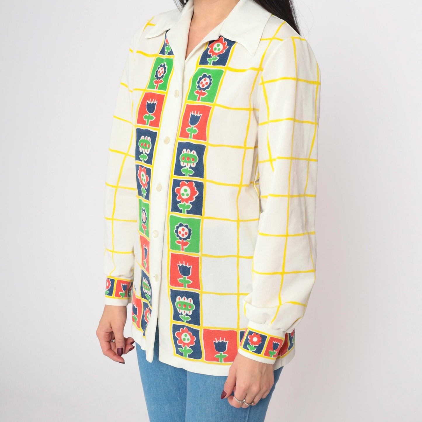 70s Floral Checkered Button-Up Blouse Dagger Collar Long Sleeve White Small