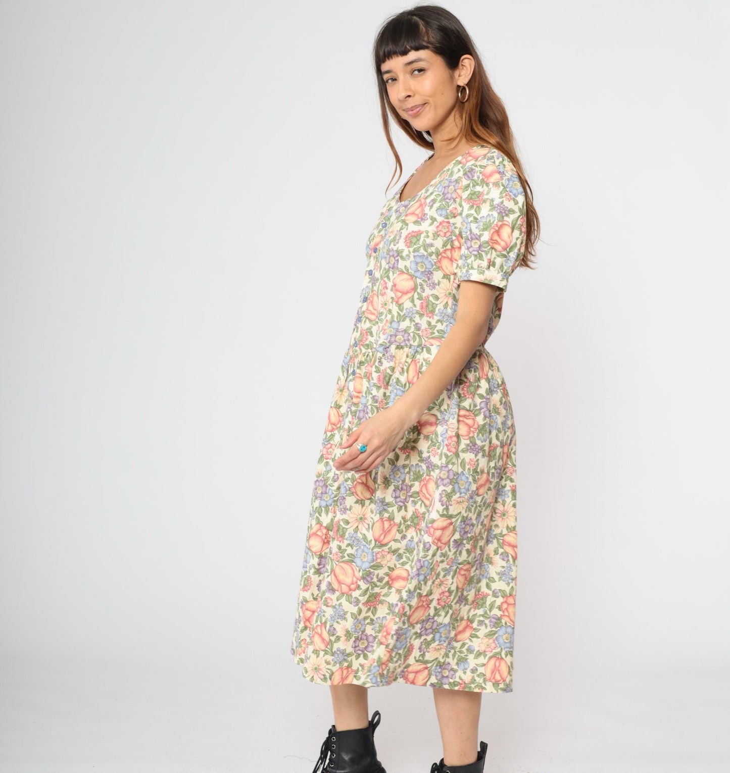 80s Floral Midi Dress Puff Sleeve Button-Up Cream Small Medium