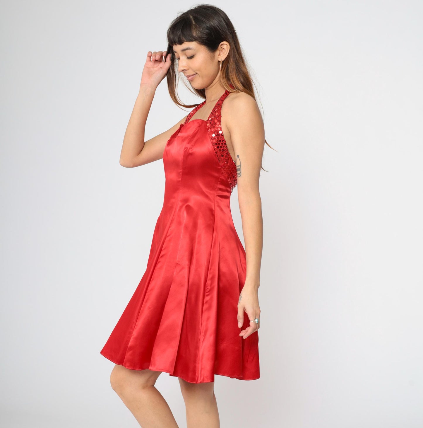 90s Zum Zum Red Satin Sequin Mini Halter Dress Open Back Medium