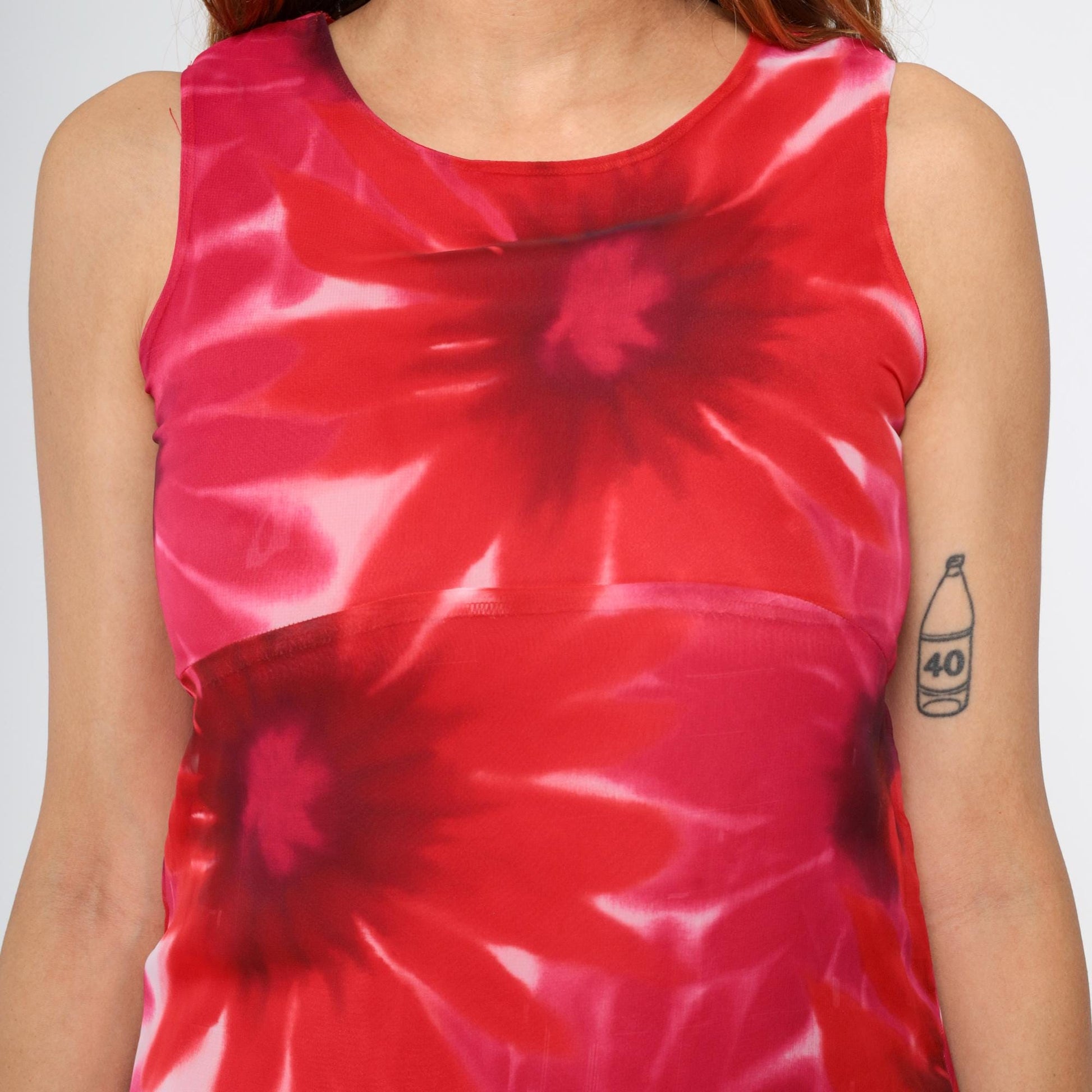 90s Red Pink Floral Midi Dress Empire Waist Sleeveless Round Neck Extra Small