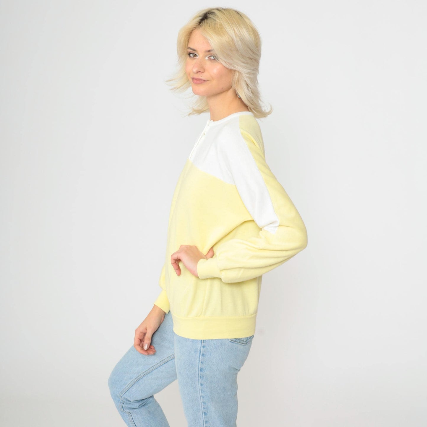 80s Yellow & White Henley Sweatshirt Color Block Slouchy Large