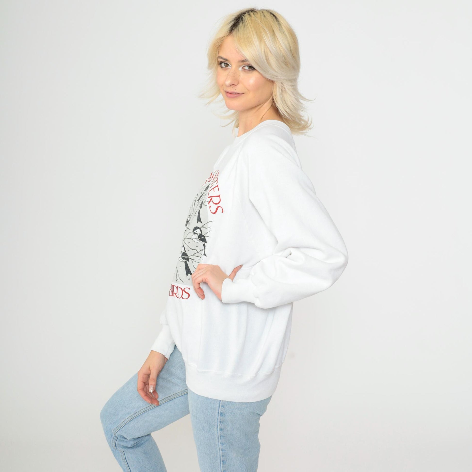 90s Kansas Winter Bird Graphic Sweatshirt White Crewneck Large