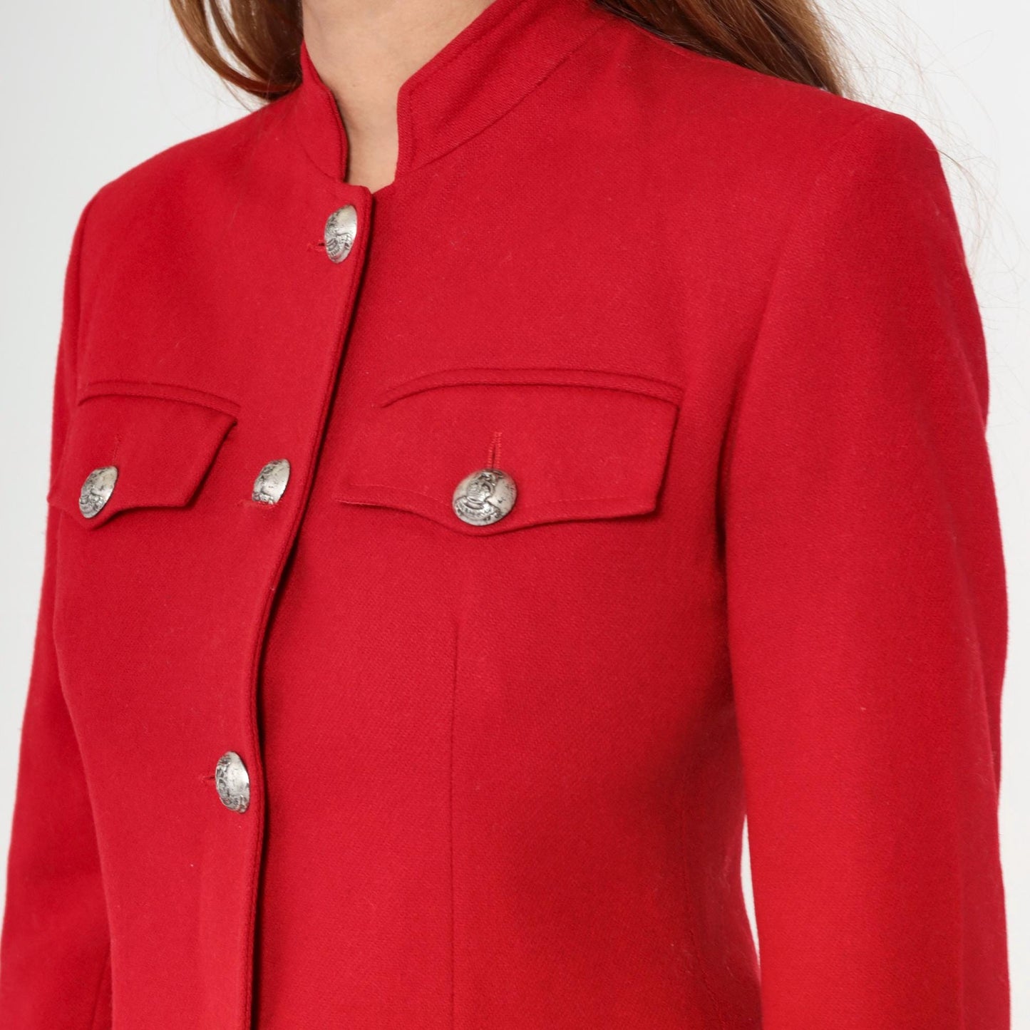 90s Red Wool Blazer Mandarin Collar Tailored Jacket Extra Small