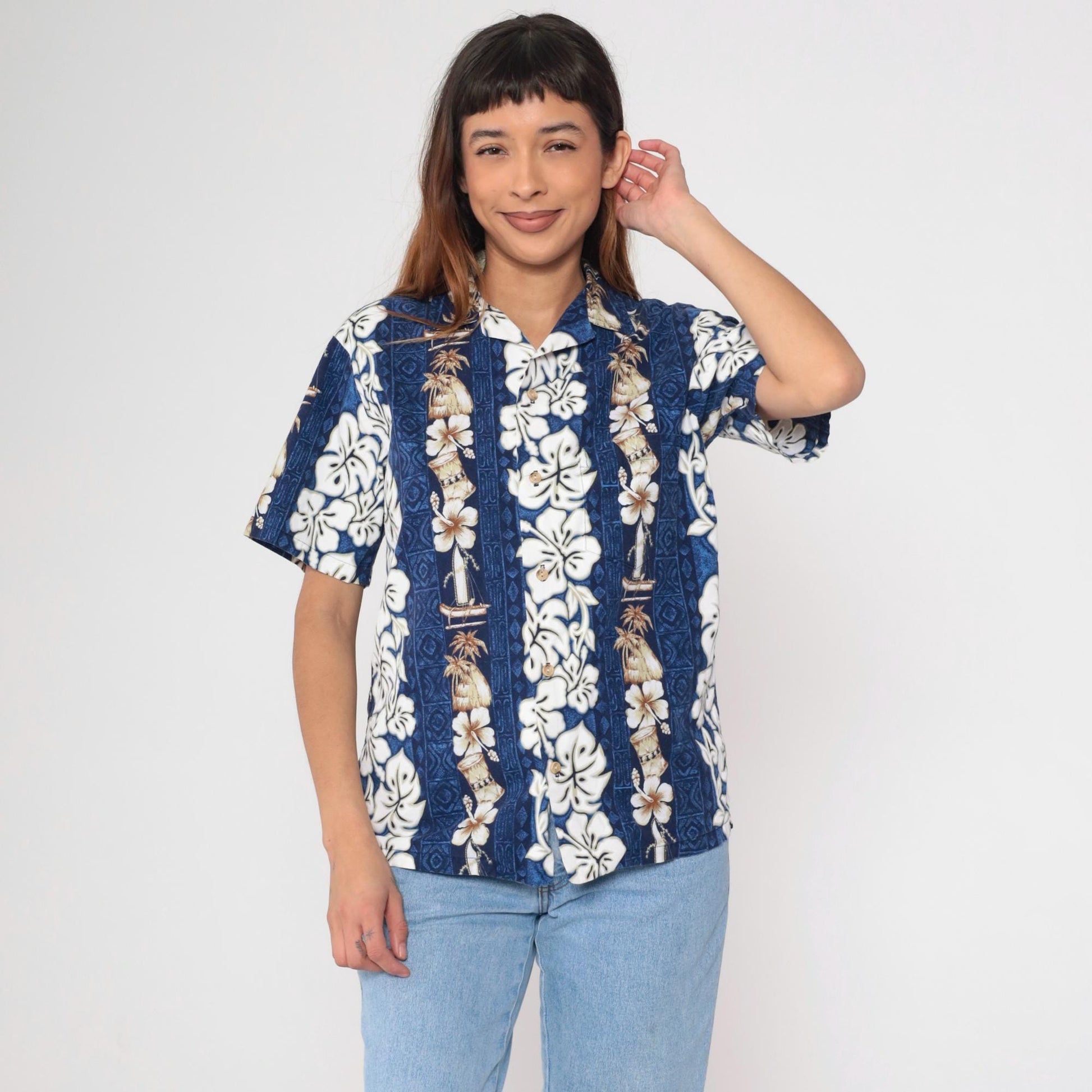 90s RJC Hawaiian Shirt Blue Tropical Floral Hibiscus Aloha Small
