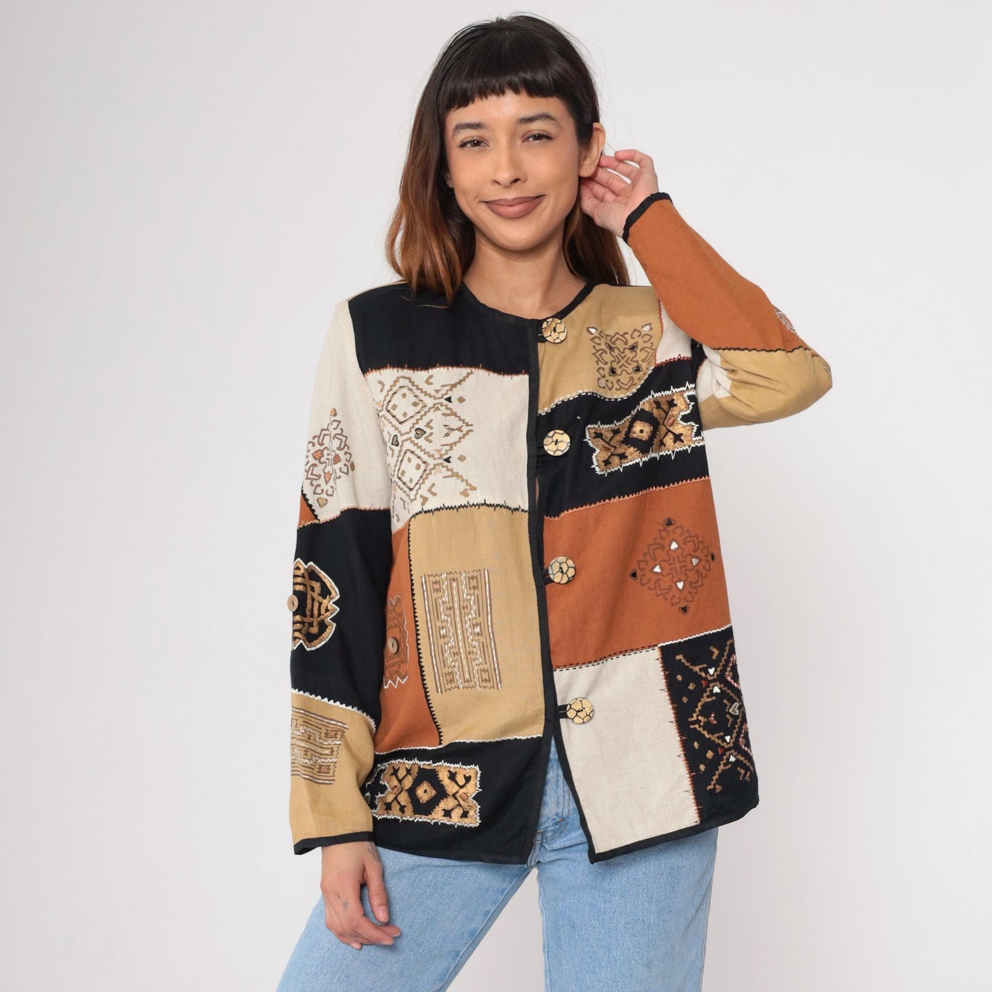 90s Allure Patchwork Geometric Blazer Metallic Tan Black Burnt Orange Medium