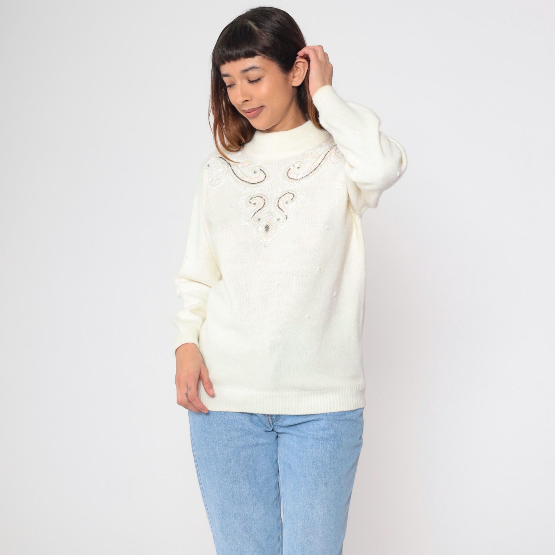 90s Alfred Dunner Sequin Beaded Sweater Cream Geometric Mock Neck Medium