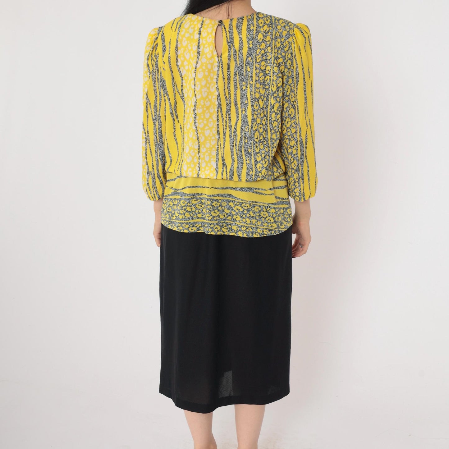 80s Yellow Leopard Striped Midi Dress Puff Sleeve Peplum Bow Drop Waist Large