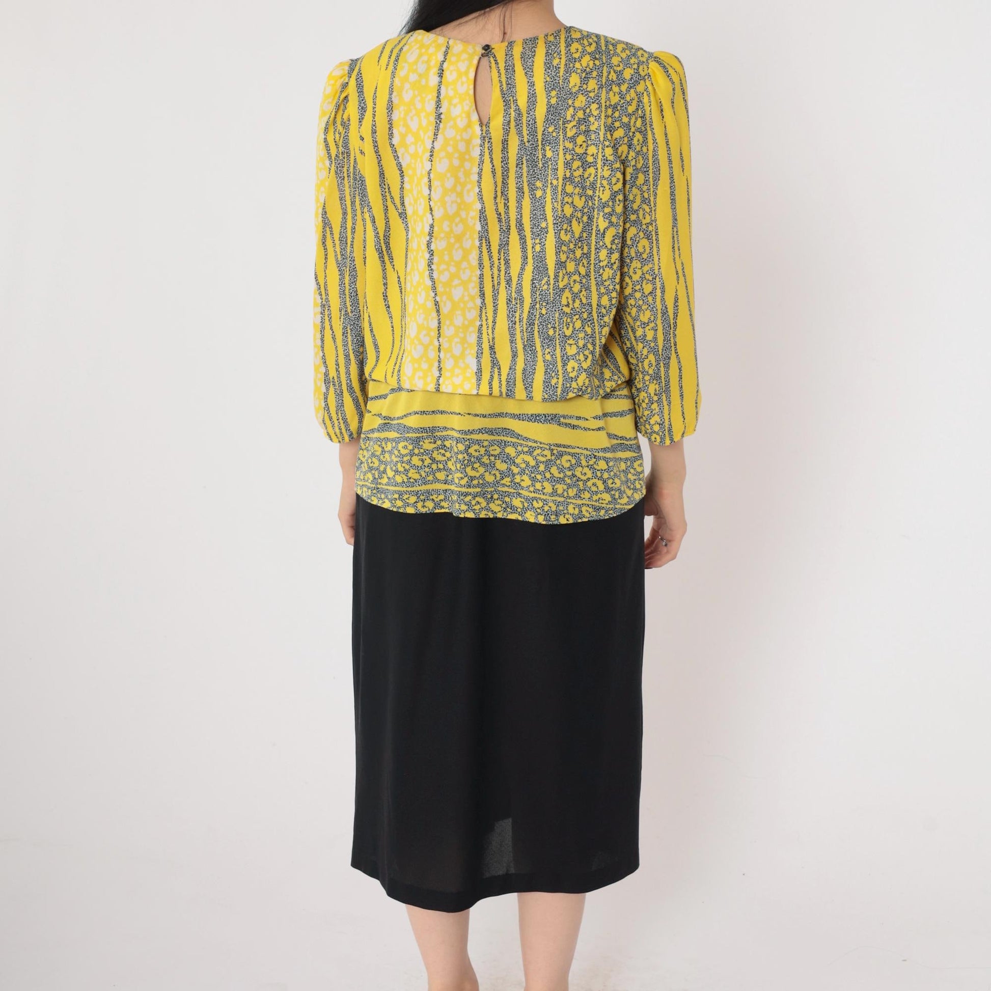 80s Yellow Leopard Striped Midi Dress Puff Sleeve Peplum Bow Drop Waist Large
