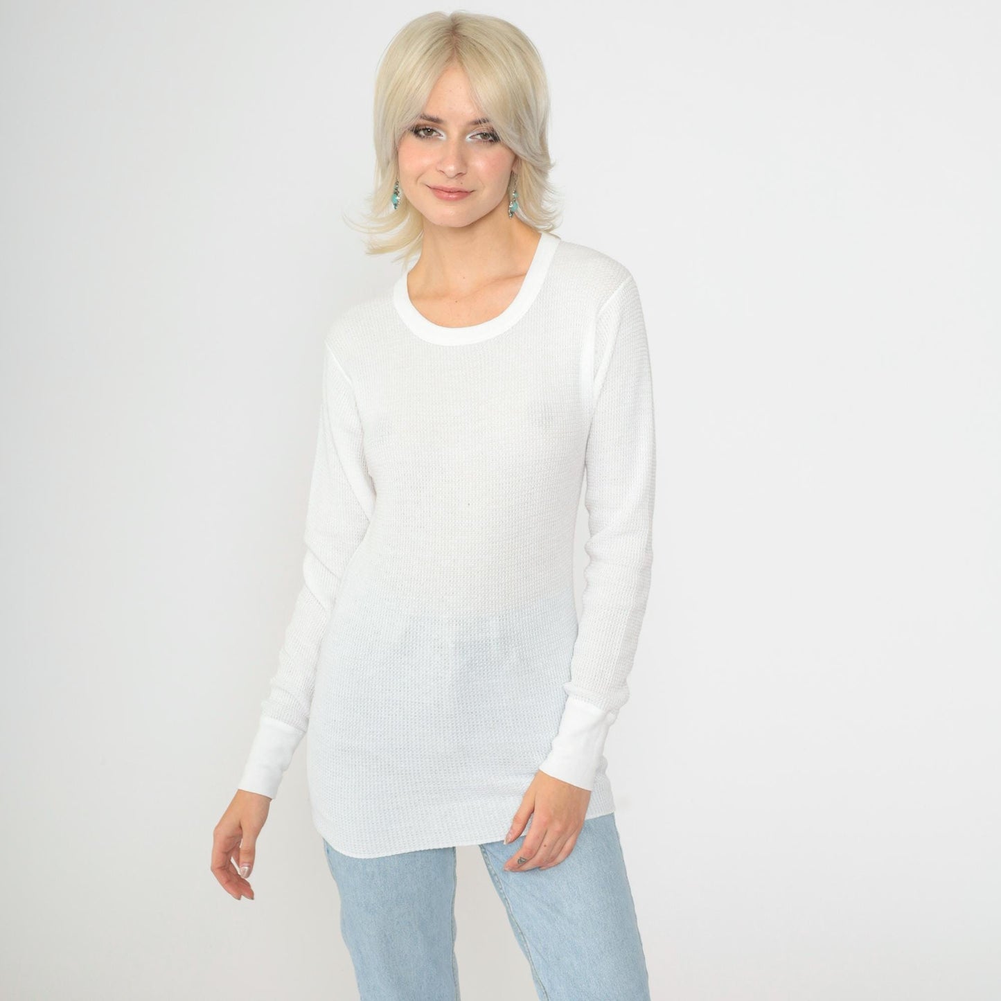 80s White Thermal Waffle Knit Long Sleeve Undershirt Small