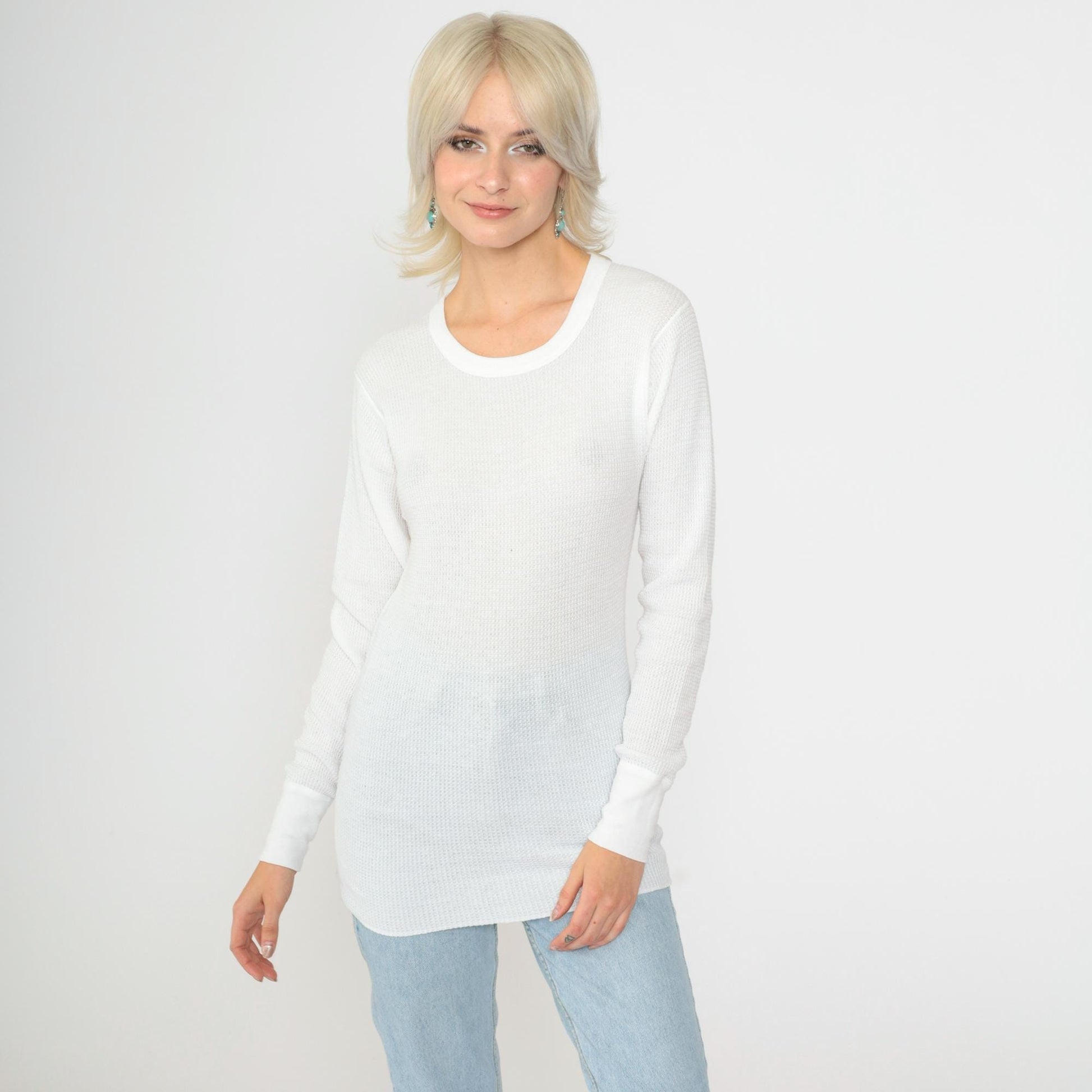 80s White Thermal Waffle Knit Long Sleeve Undershirt Small
