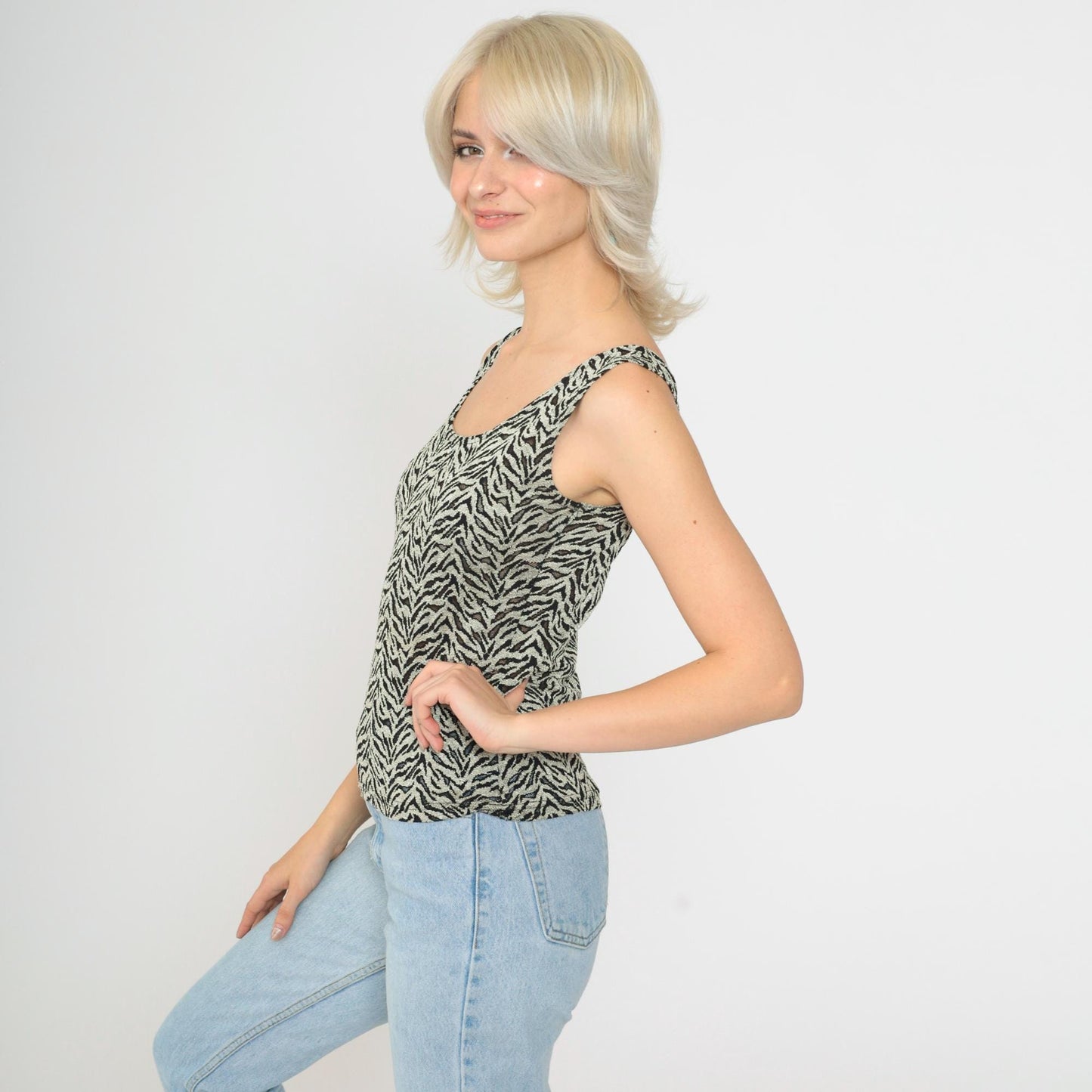 90s Zebra Stripe Tank Top Grey Sheer Mesh Scoop Neck Small Medium