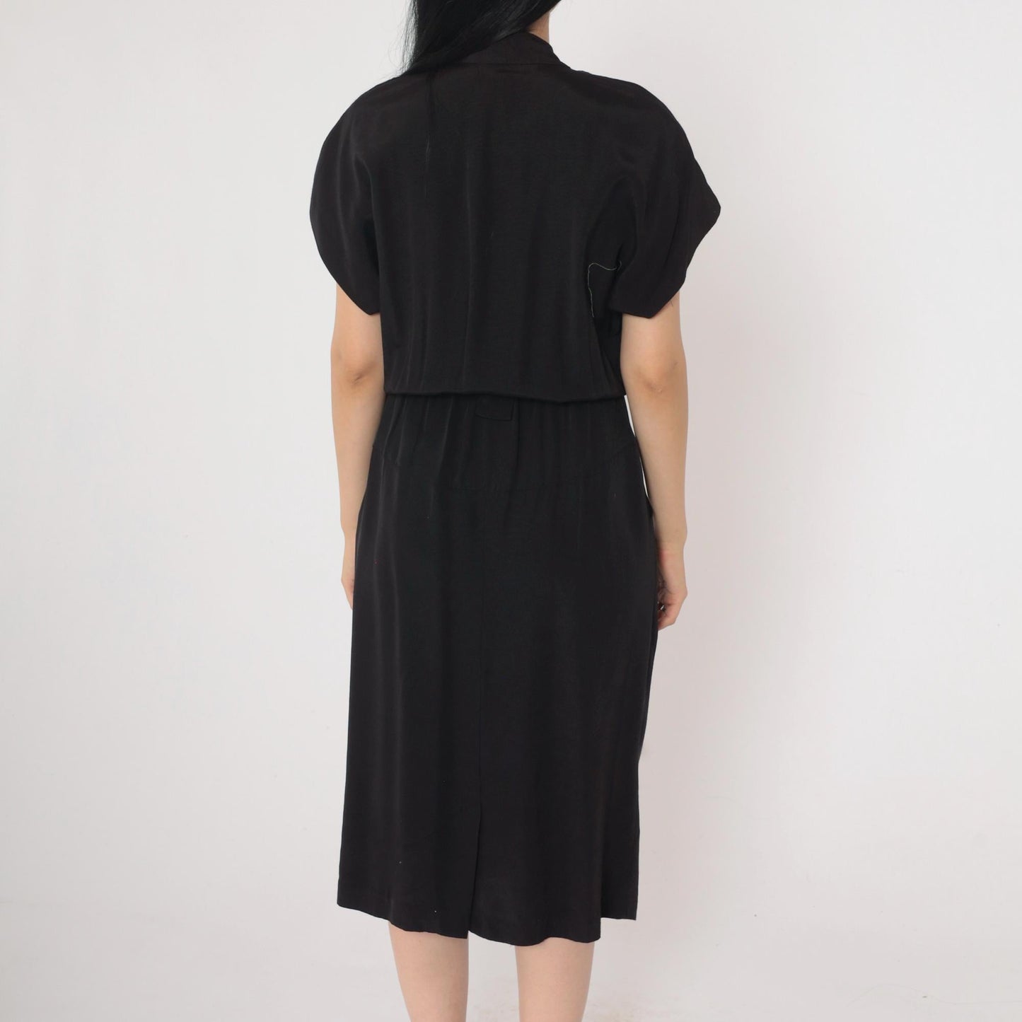 90s Black Button-Up Midi Dress V-Neck Pleated Sheath Small Petite