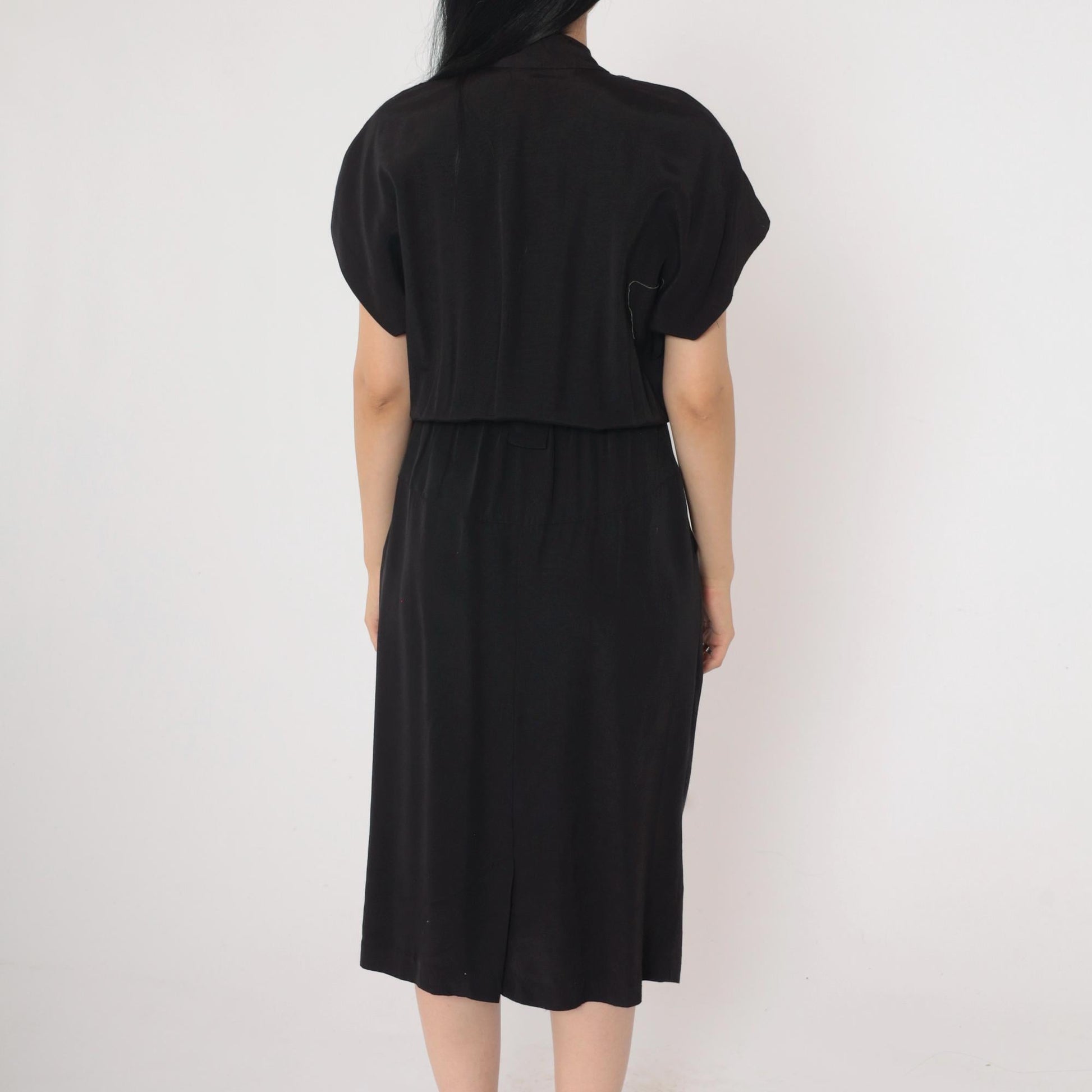 90s Black Button-Up Midi Dress V-Neck Pleated Sheath Small Petite