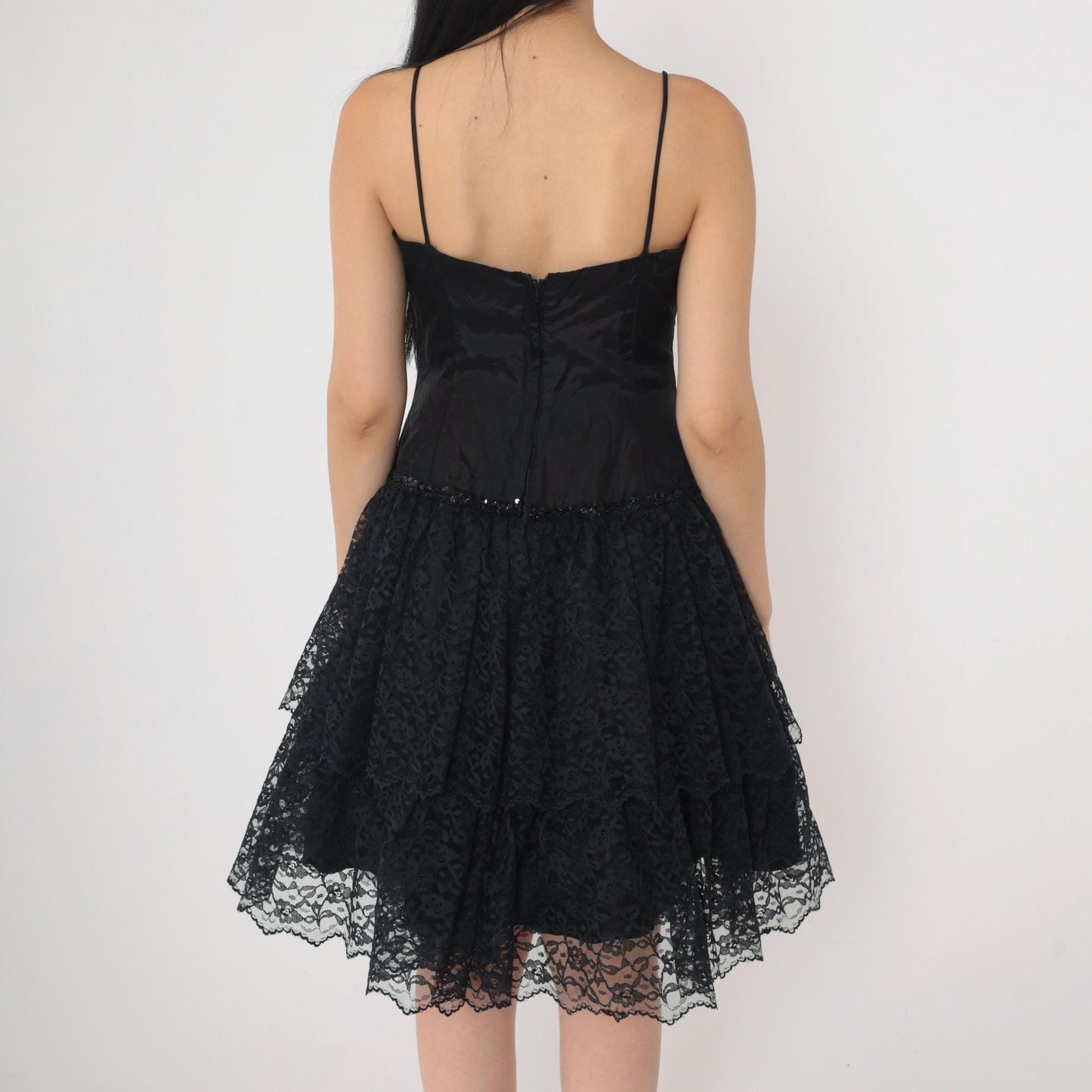 80s Black Lace Midi Dress Sweetheart Neckline Sequin Spaghetti Strap Extra Small