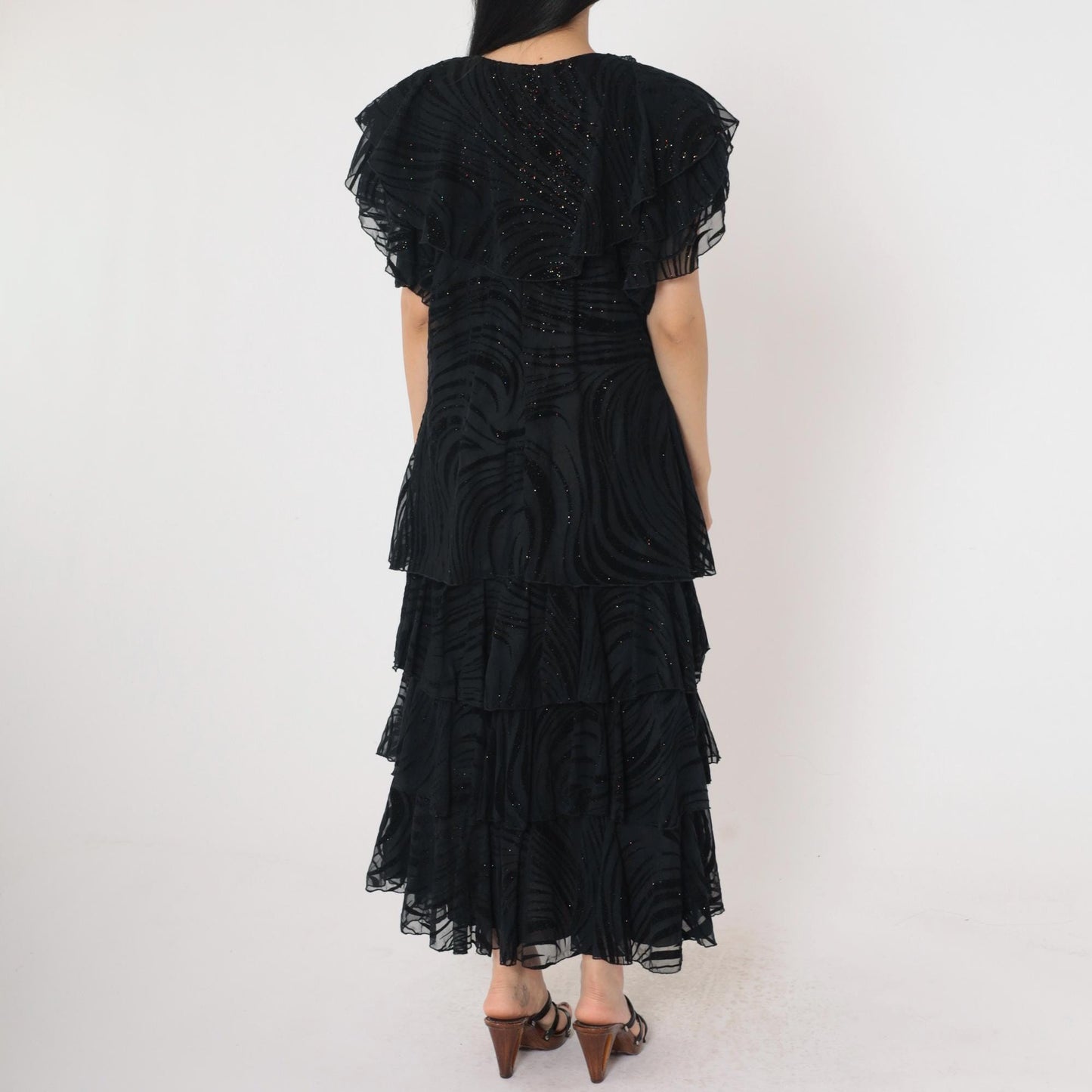 90s Black Glitter Tiger Stripe Dress Flutter Sleeve V-Neck Ankle Length Large L