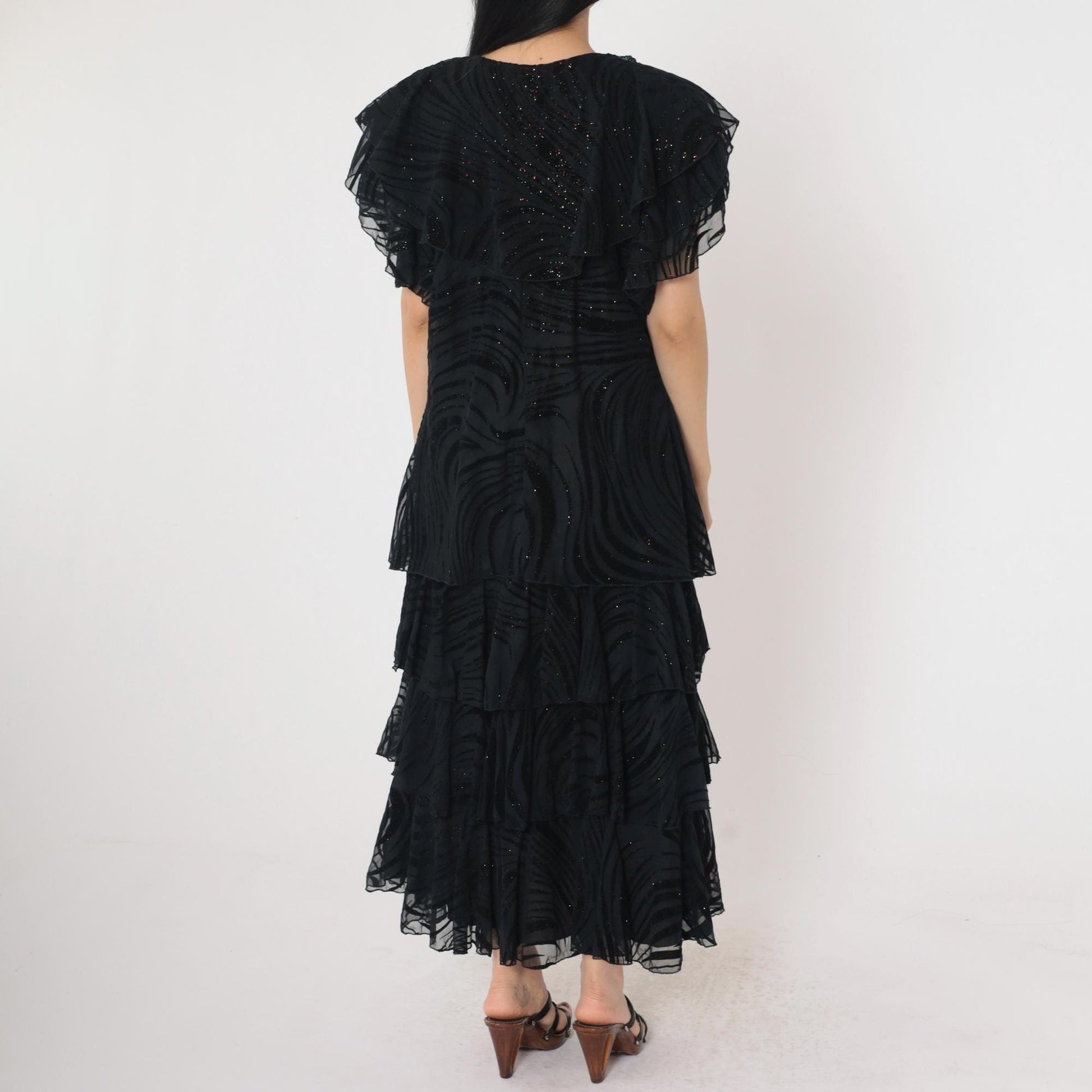 90s Black Glitter Tiger Stripe Dress Flutter Sleeve V-Neck Ankle Length Large L