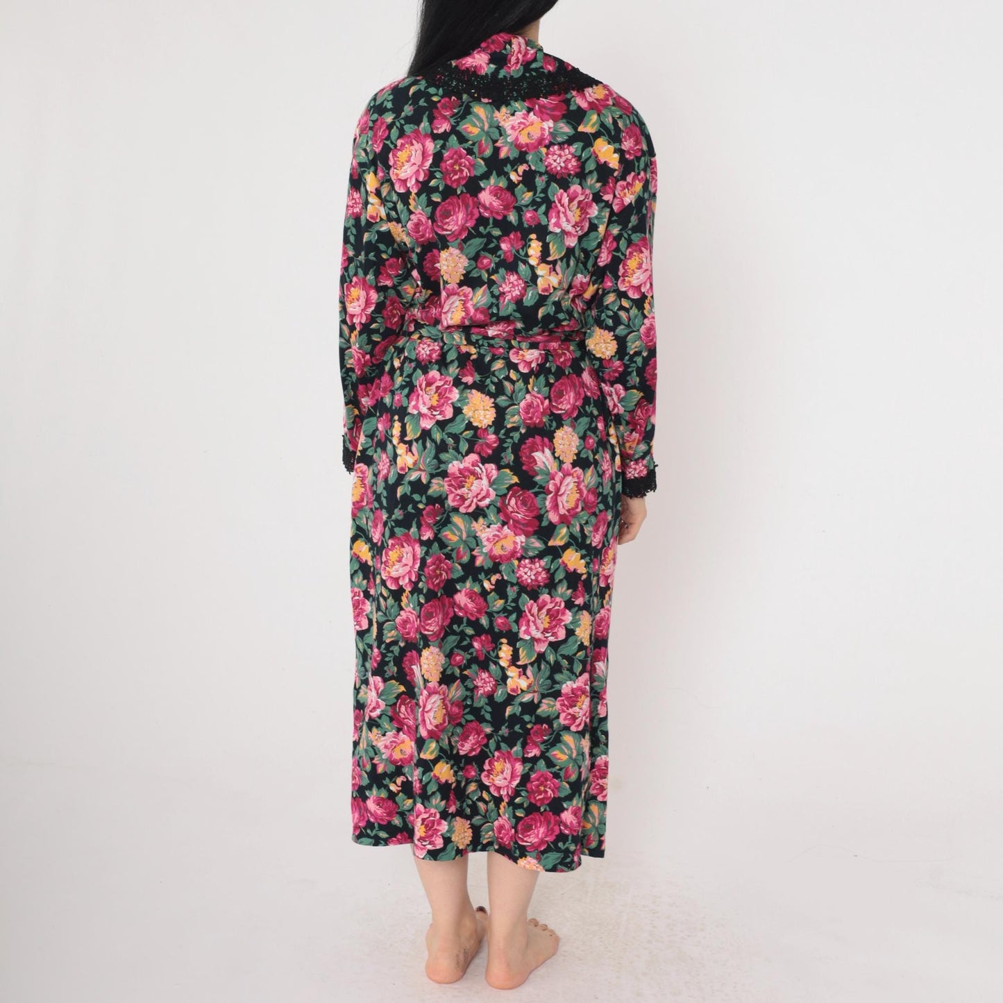 90s Victoria's Secret Floral Robe Pink Black Lace Trim Wrap Ankle Length Small Petite