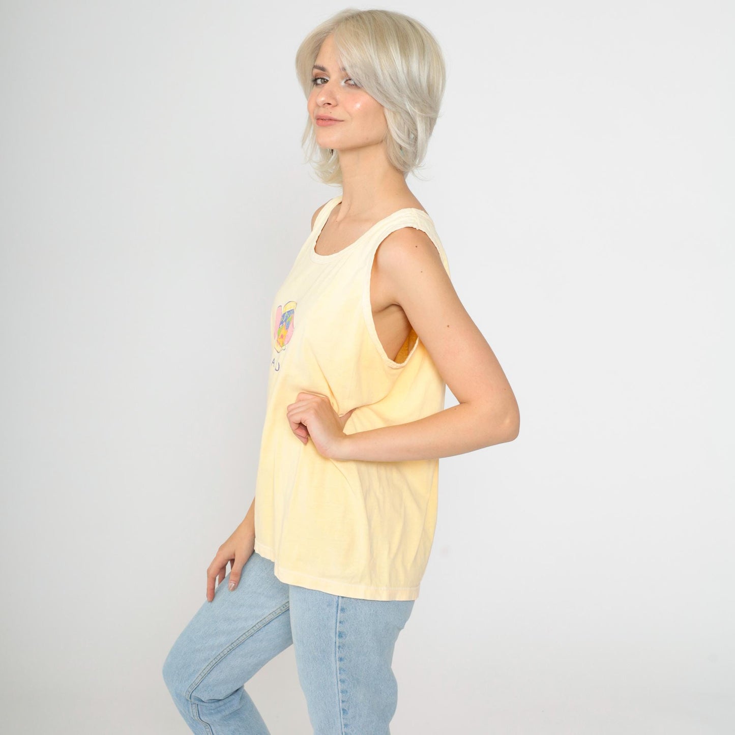 90s Maui Fish Shirt Yellow Tropical Tank Top Cotton Medium