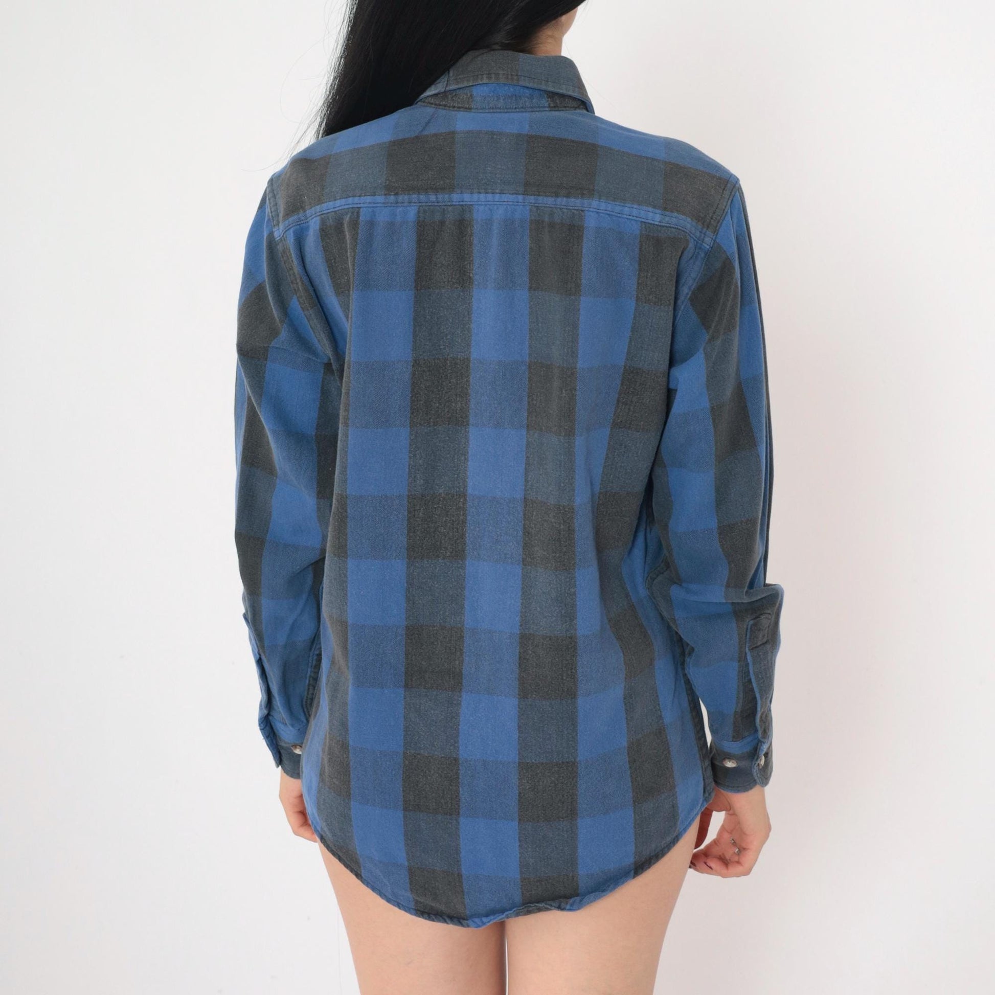 90s St Johns Bay Buffalo Plaid Button-Up Shirt Blue Black Cotton Small