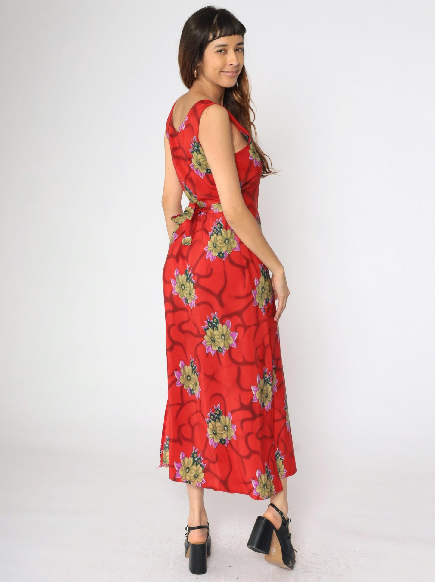 90s Red Floral Maxi Dress Sleeveless Scoop Neck Small S